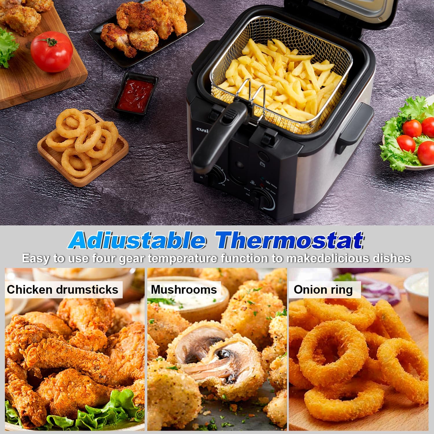 CUSIMAX Electric Deep Fryer for Home Use, 2.5 Liter 1500W Small Deep Fryer with Basket, Adjustable Temperature & Time, Lid with View Window and Odor Free Filter