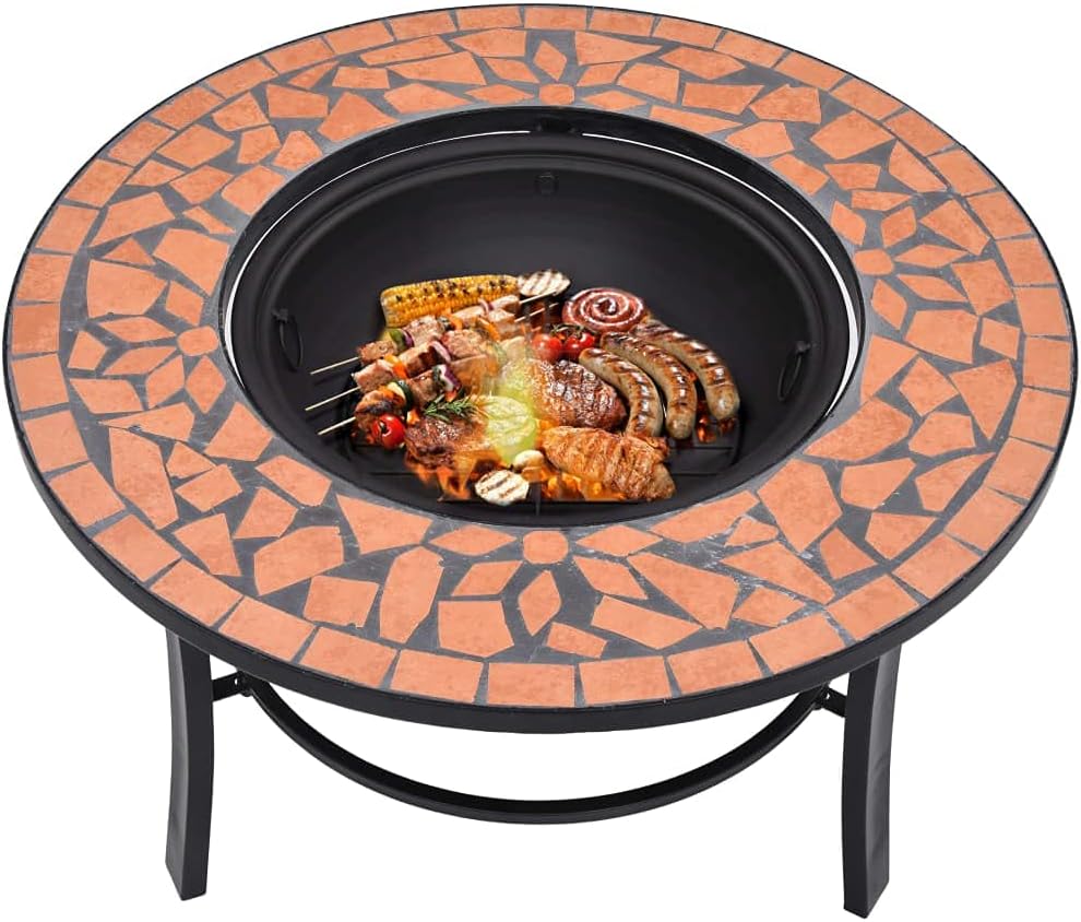 Mosaic Fire Pit Terracotta Steel Fire Pit Bowl with Grid and Tabletop for Outdoor Heating and BBQ Use 26.8