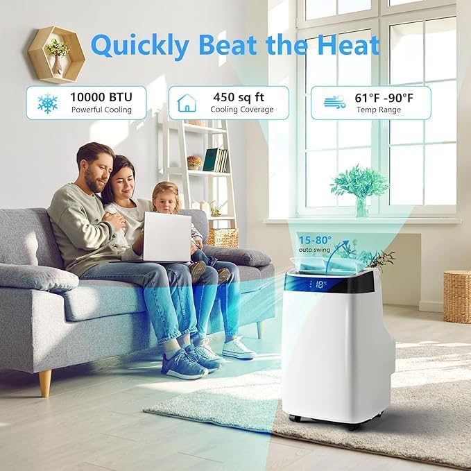 10,000 BTU Portable Air Conditioner, Cools Rooms Up to 450 Sq.Ft, 3-In-1 Floor AC Unit With Dehumidifier & Fan Modes, 24H Timer, Remote Control & Window Kit, Quiet Operation for Bedroom, Office, Home