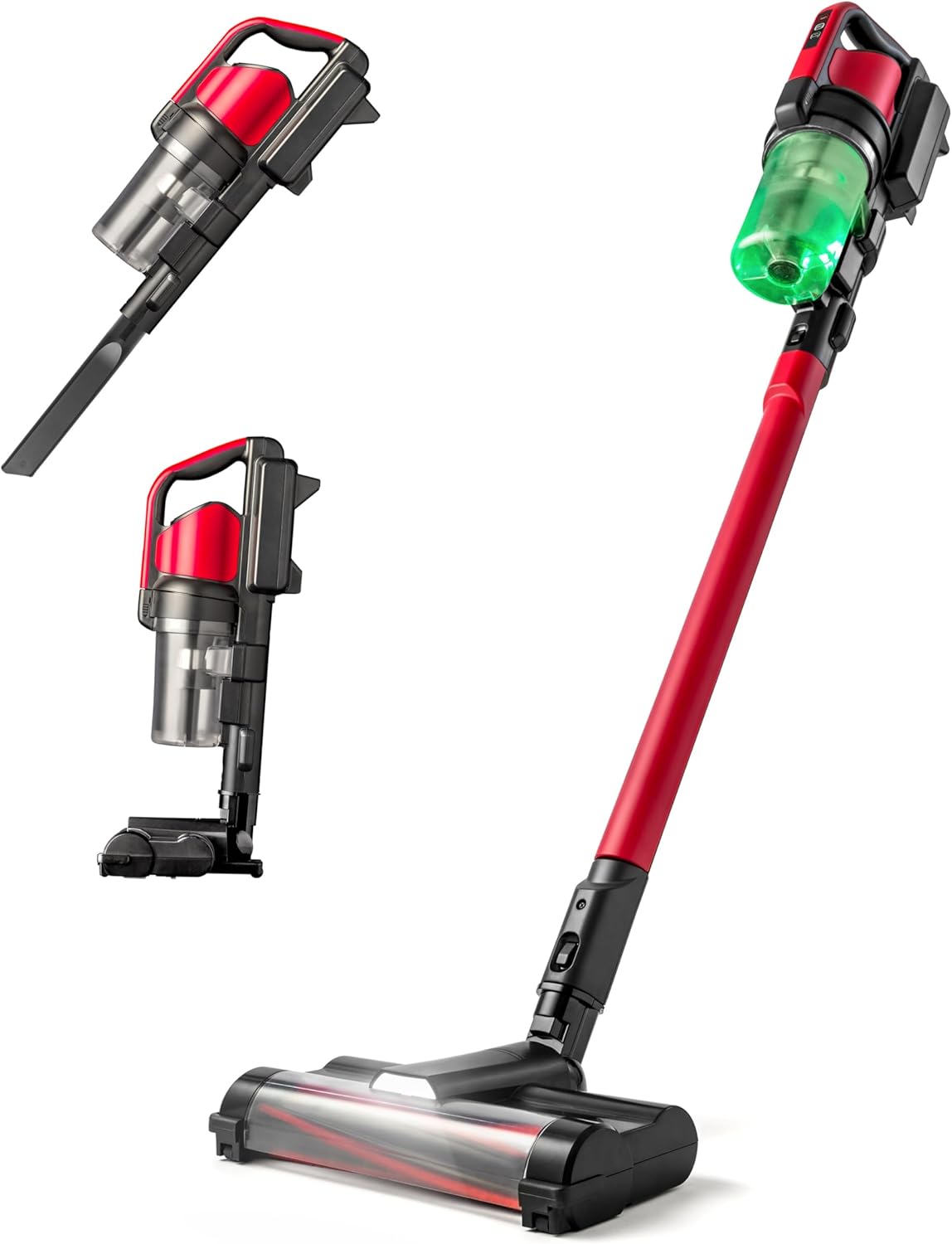 Cordless Vacuum Cleaner, 11-inch Powerhead, Self-Standing Design, Fast Charging, 50-Minute Runtime, LED Dust Sensor, Red