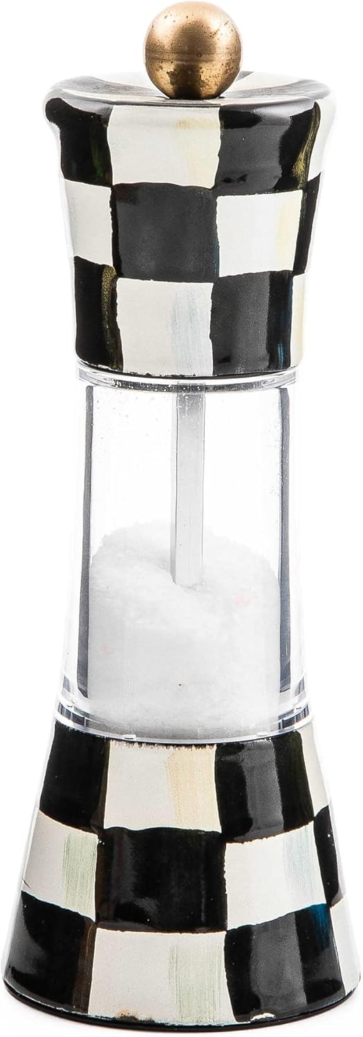 MACKENZIE-CHILDS Enamel Grinder, Refillable Manual Salt Grinder and Pepper Grinder, Black-and-White Courtly Check