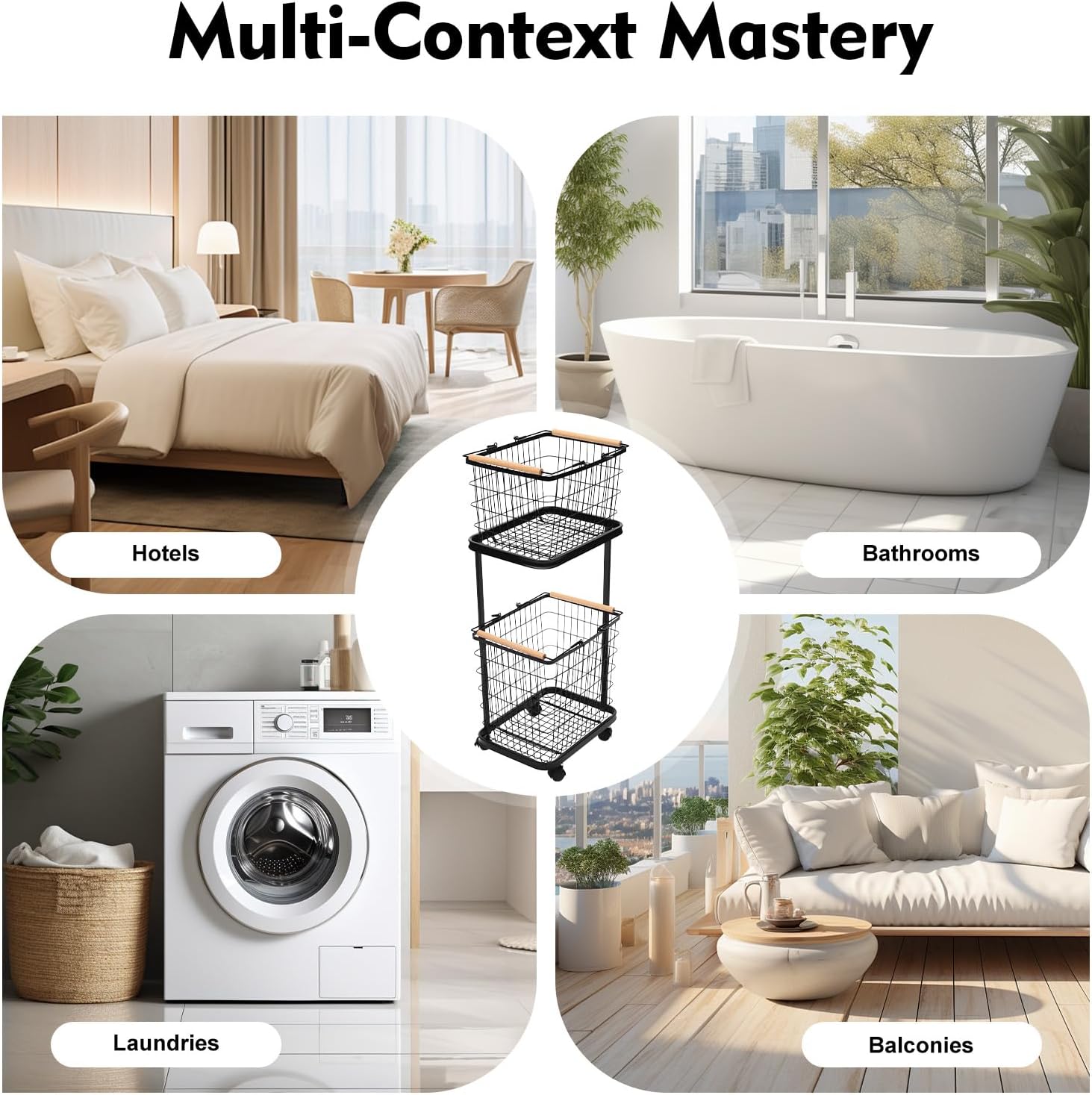 Laundry Basket 2 Tier Metal Laundry Basket With Wheels, Iron Beech Wood Spray Molding, 88.18LBS Load 4 Wheels 2 Brakes, Removable Baskets Hollow-out Breathable, Home