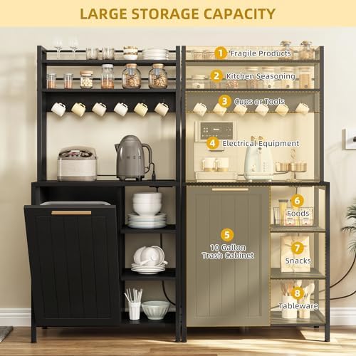DWVO Black Bakers Rack with Trash Can Bin Cabinet and Power Outlet, Microwave Stand Cabinet with 6 Hooks, 6-Tiers Farmhouse Kitchen Tall Thickened Coffee Bar Table Station with Storage Shelf