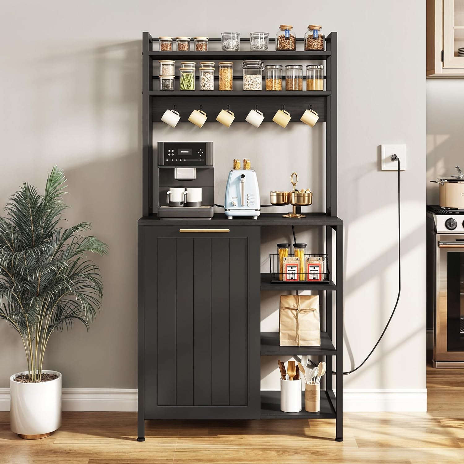 DWVO Black Bakers Rack with Trash Can Bin Cabinet and Power Outlet, Microwave Stand Cabinet with 6 Hooks, 6-Tiers Farmhouse Kitchen Tall Thickened Coffee Bar Table Station with Storage Shelf