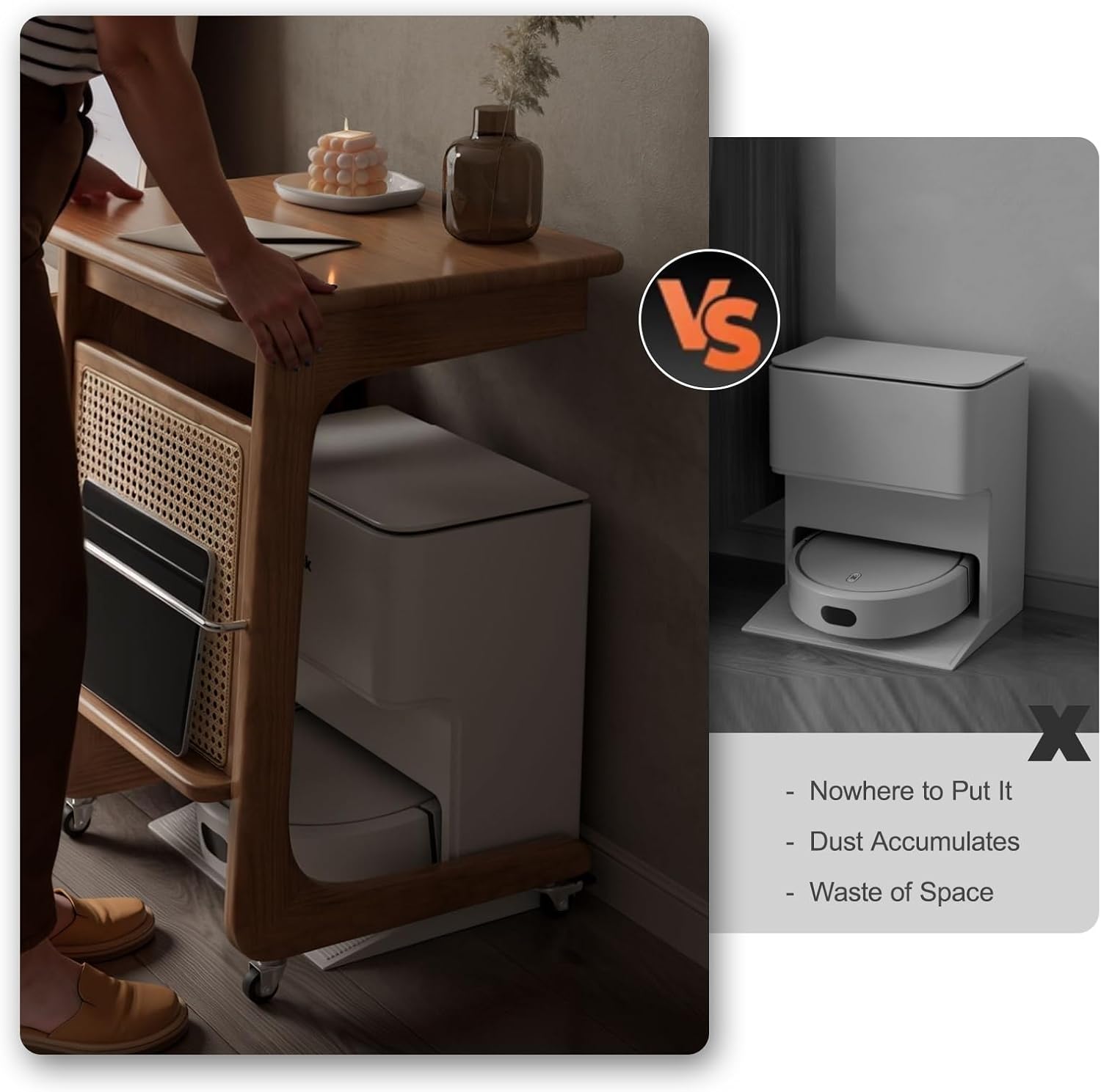 Mobile Robot Vacuum Storage Cabinet Side Table Resin Rattan Storage Cabinet C-Shaped End Tables, for Living Room Dining Room Kitchen Home Office(Yellow,48cm/18.9in)