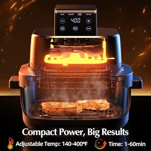 4-in-1 Portable Glass Air Fryer, 140–400°F Precise Heat, Max Crisp Technology, 4.2QT & 1.6QT Dual Containers with Lids, Freezer & Dishwasher Safe, Bake, Recrisp, Air Fry