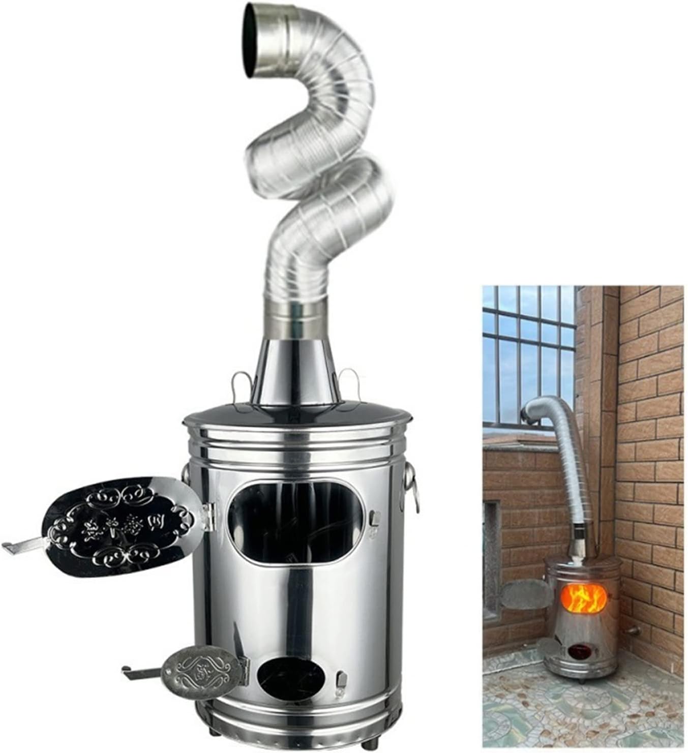 Burn Barrel Incinerator with Exhaust Pipe Stainless Steel Backyard Burn Barrel, Portable Bonfire Pit Outdoor Wood Burning Firepit, for Outside Patio Camping ,61*46*34CM/24.01*18.11*13.38in