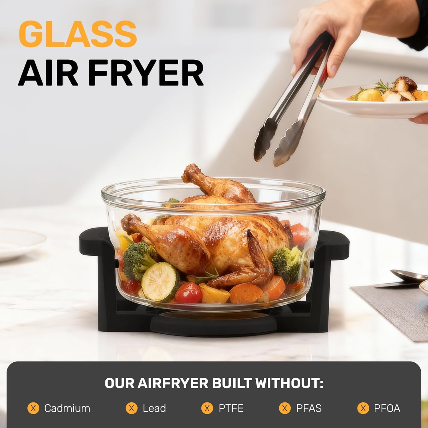 Big Boss 16Qt Extra Large Glass Air Fryer Non Toxic – Family Sized 4 in 1 Cooker with 3 Cooking Sections, Stainless Steel Racks for French Fries, Chicken, No Preheat, Self Cleaning, Dishwasher Safe