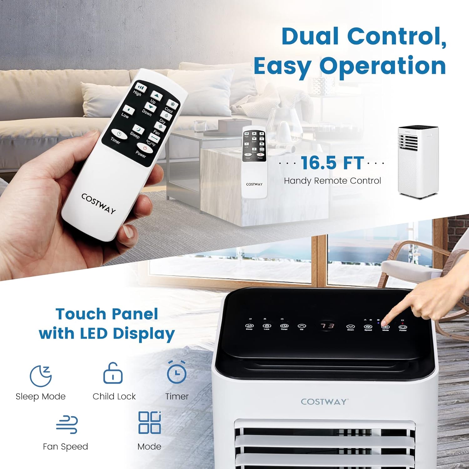 COSTWAY 8000 BTU Portable Air Conditioner, 4-in-1 AC Unit with Cool, Fan, Dehumidifier & Sleep Mode for Rooms up to 250 Sq.Ft, 24H Timer, Child Lock, Remote Control & Window Kit (Black and White)