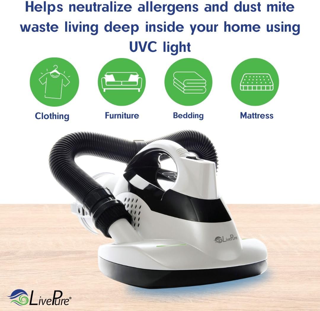 LivePure - Ultramite Handheld HEPA Filter Vacuum & Fabric Sanitizer - Dual Motor Brush, UVC Light, And Anti- Allergen Filter To Remove Dust Mites, Bacteria, Viruses