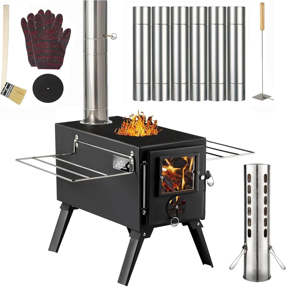 Hot Tent Stove,AVOFOREST Wood Burning Stove,Small Wood Stove with 7 Stainless Chimney Pipes for Outdoor Heating & Cooking, Ice Fishing, Hunting