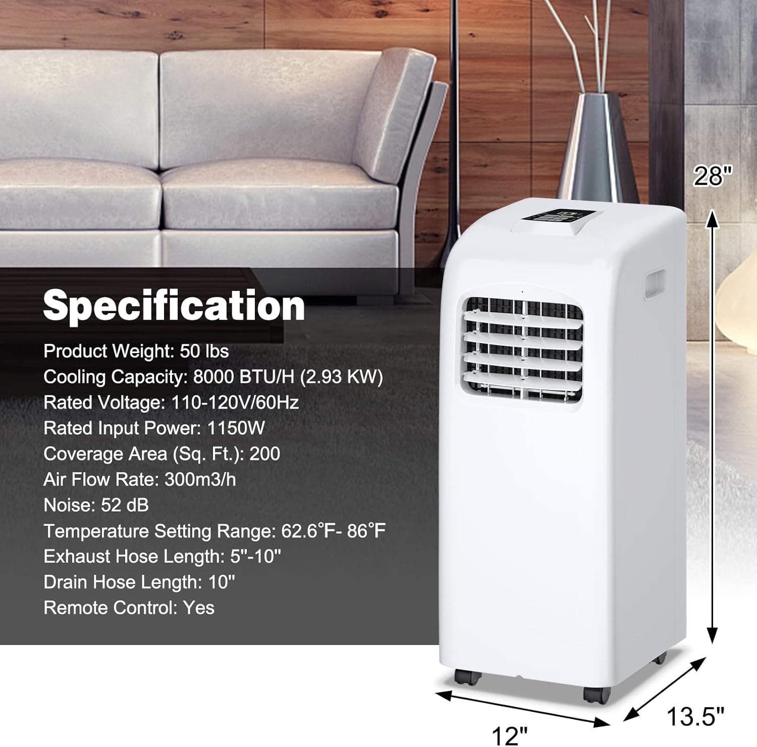COSTWAY 8000 BTU Portable Air Conditioner with Remote Control Dehumidifier Function Window Wall Mount (8000 BTU)