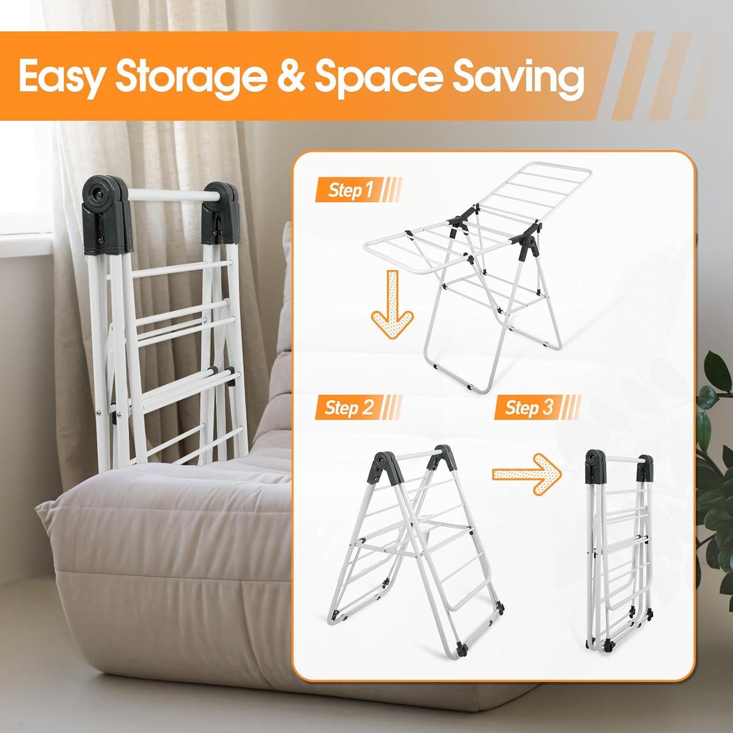 Clothes Drying Rack, Metal Foldable Laundry Drying Rack, with Adjustable Height Levels Wings, Space Saving, Indoor Outdoor Use, White Free-Standing Airer