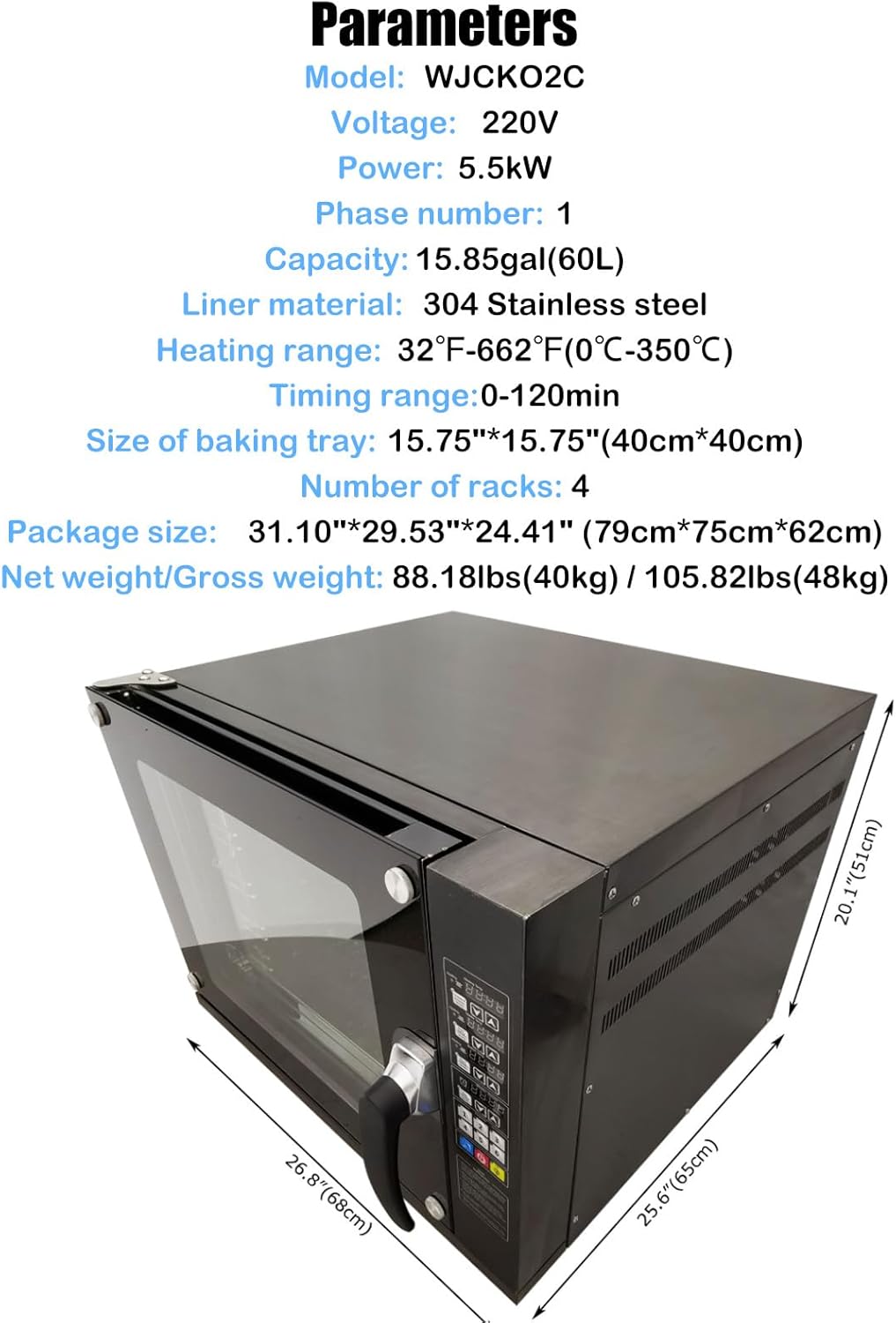 220V Commercial Countertop Convection Spray Baking Oven - 60L (15.85gal) 5500W, 32℉-662℉, 4 Racks, 304 Stainless Steel Hot Air Circulation for Pizza, Cookies, Bread