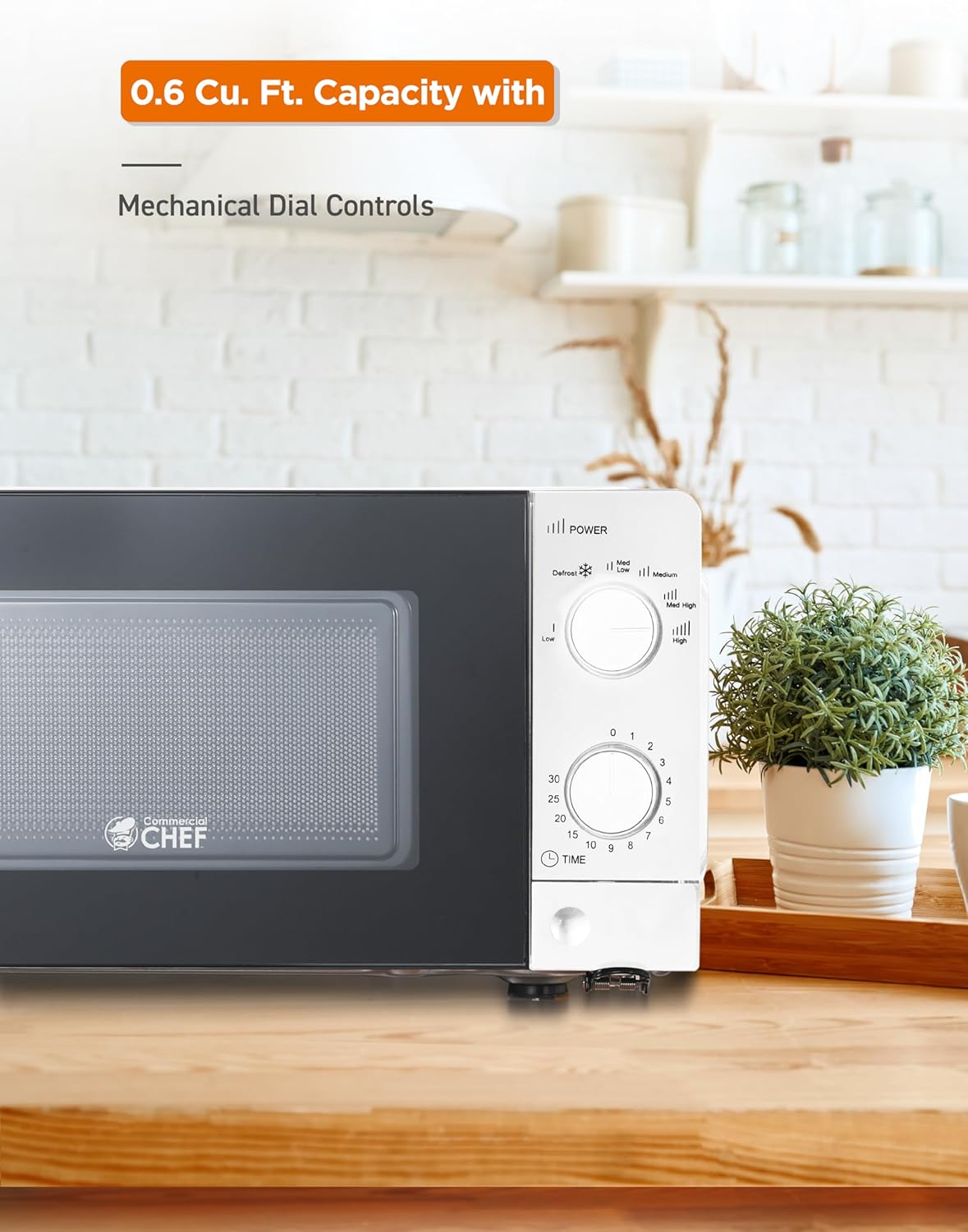 Commercial Chef 0.6 Cu. Ft. Countertop Microwave Oven, Mechanical Dial Controls, 700W, Pull Handle Door, 6 Power Levels, CHM660W, White
