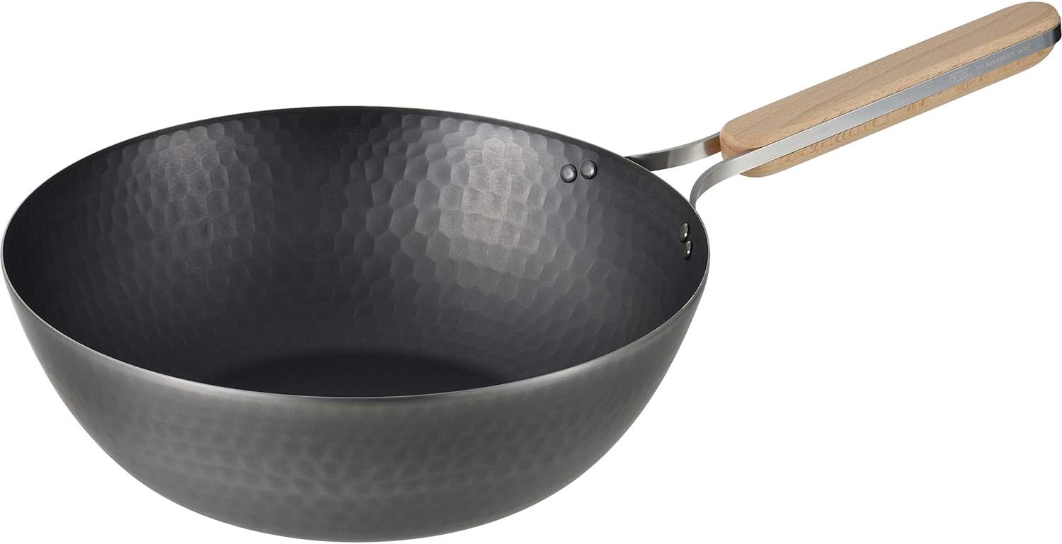 Wahei Freiz EN-013 Enzo Enzo Iron Wok, 11.0 inches (28 cm), Induction Compatible, Gas Frying Pan, Wok Pan, Wooden Handle, Made in Japan
