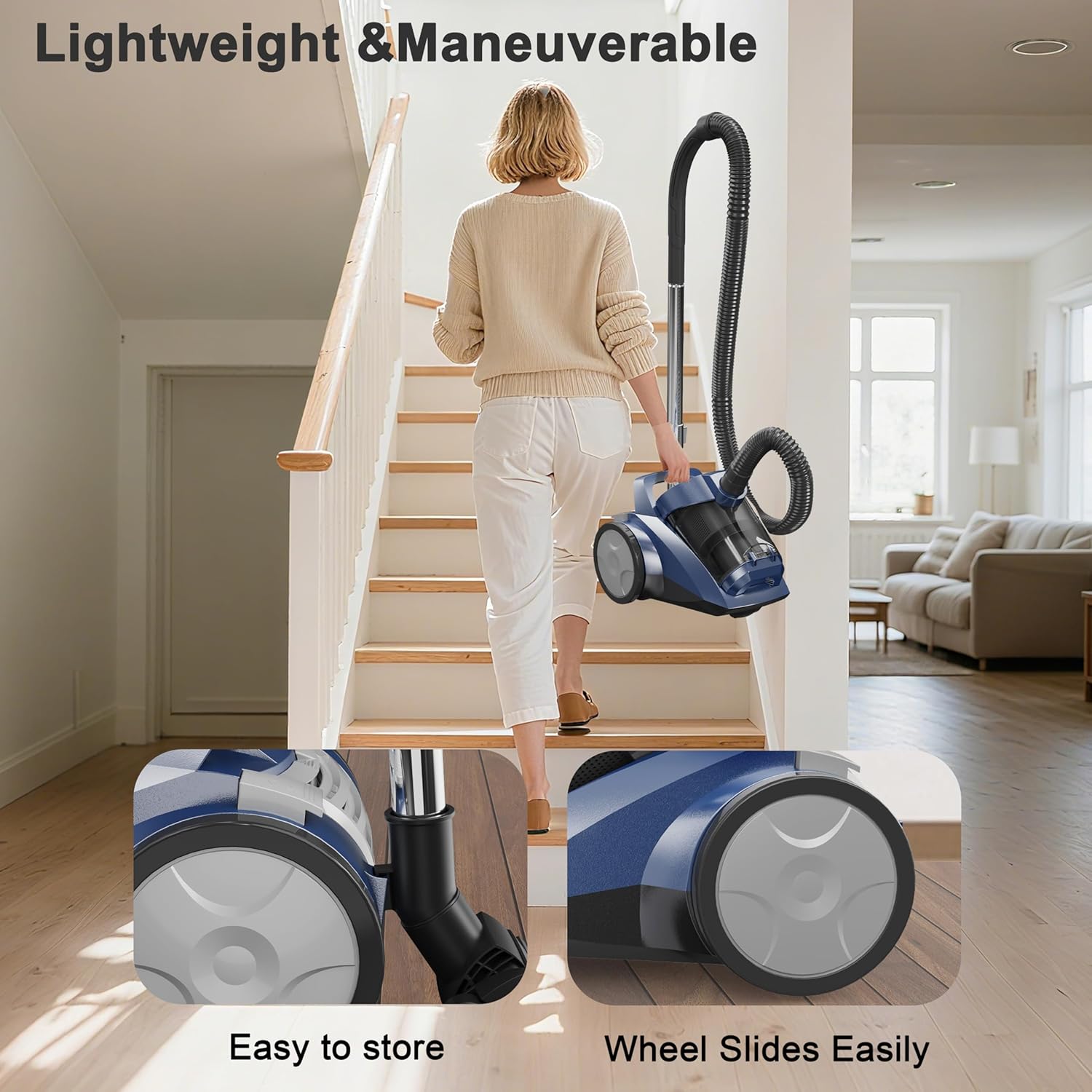 Canister Vacuum Cleaner 45KPa Power Bagless Canister Vacuums for Home with 5 Tools 4.5QT Dust Cup Double HEPA Filter Lightweight Multi-Surface Vacuum Cleaners for Carpet Hard Floor Pet Hair