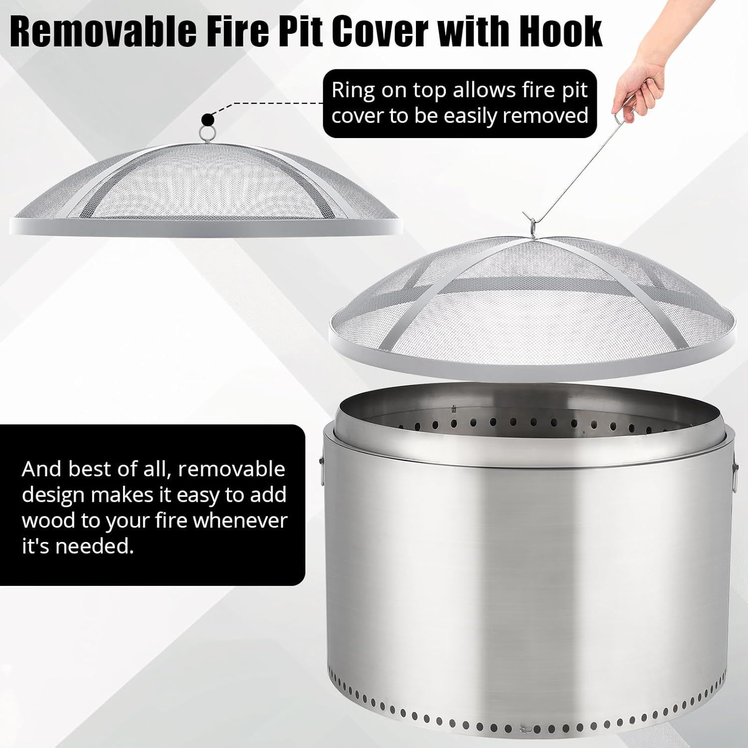 GarveeLife Fire Pit Spark Screen Cover for Campfires - Easy Lift Stainless Steel, Mesh Protector, Guide Rod Included, Outdoor Patio & Backyard Accessory, Silver，18 * 18 * 5 in