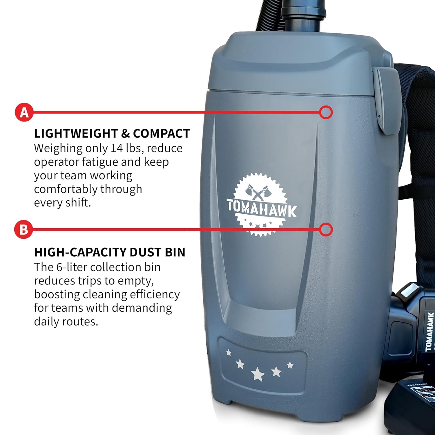 Tomahawk 18V Battery Powered Backpack Vacuum 6L for Janitorial Cleaning – Lightweight Cordless Commercial Vacuum with Quiet Operation