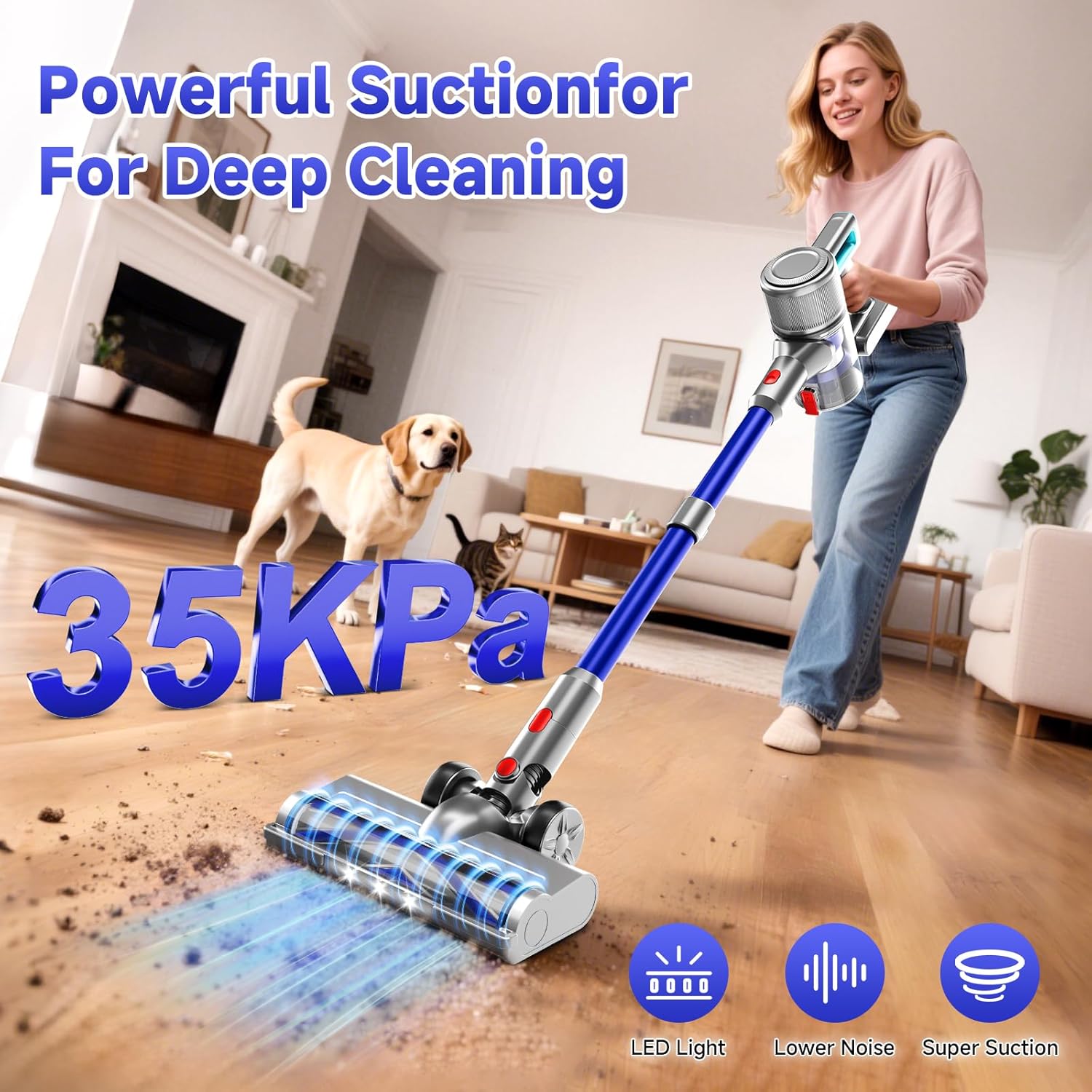 KIKETECH Cordless Vacuum Cleaner, Stick Vacuum Cleaners for Home, 6 in 1 Lightweight Vacuum for Pet Hair/Carpet/Floor (Blue)