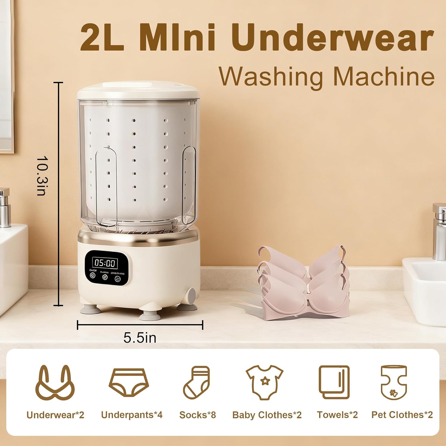 Underwear Washing Machine,Portable Washer Dryer Combo,Mini Washing Rechargeable Cordless Washing Deep Cleans Small Clothes Small Clothes for Apartment, Dorm, RV, Travel & Hotel Use (2 L capacity)