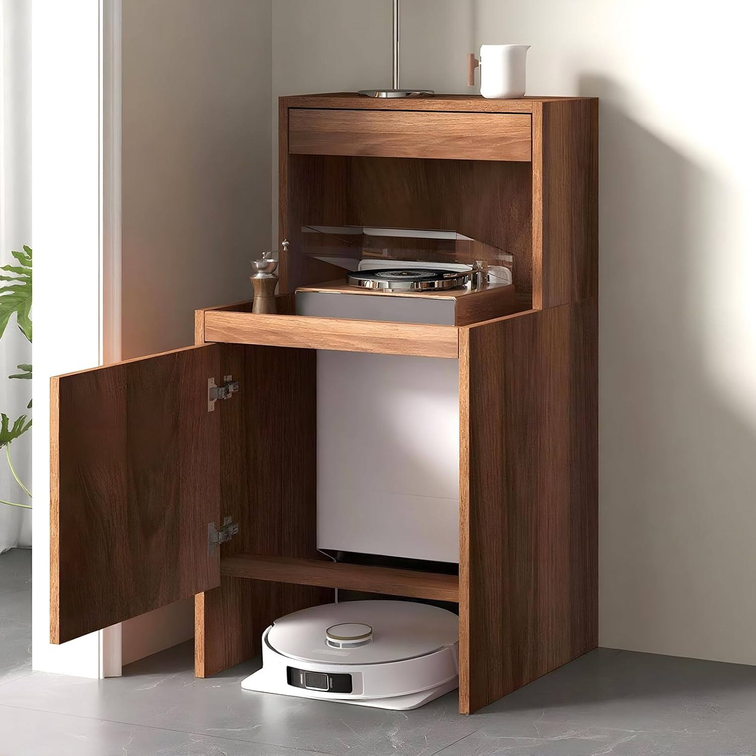 Robot Vacuum Cabinet, Wood Hidden Robot Vacuum Storage Cabinet with Doors, Side Table for Living Room Kitchen Office, Easy Water Changing