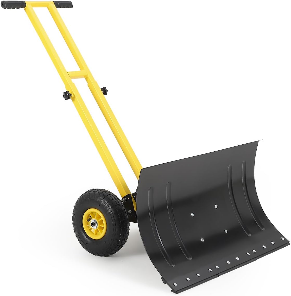 Heavy Duty Rolling Snow Shovel with Wheels – 29x16.5 in Metal Pusher – 7-Position Angled Blade & Height Adjustable Double Rod Handle – Back Saver Snow Removal for Driveway, Doorway, Sidewalk – Black &