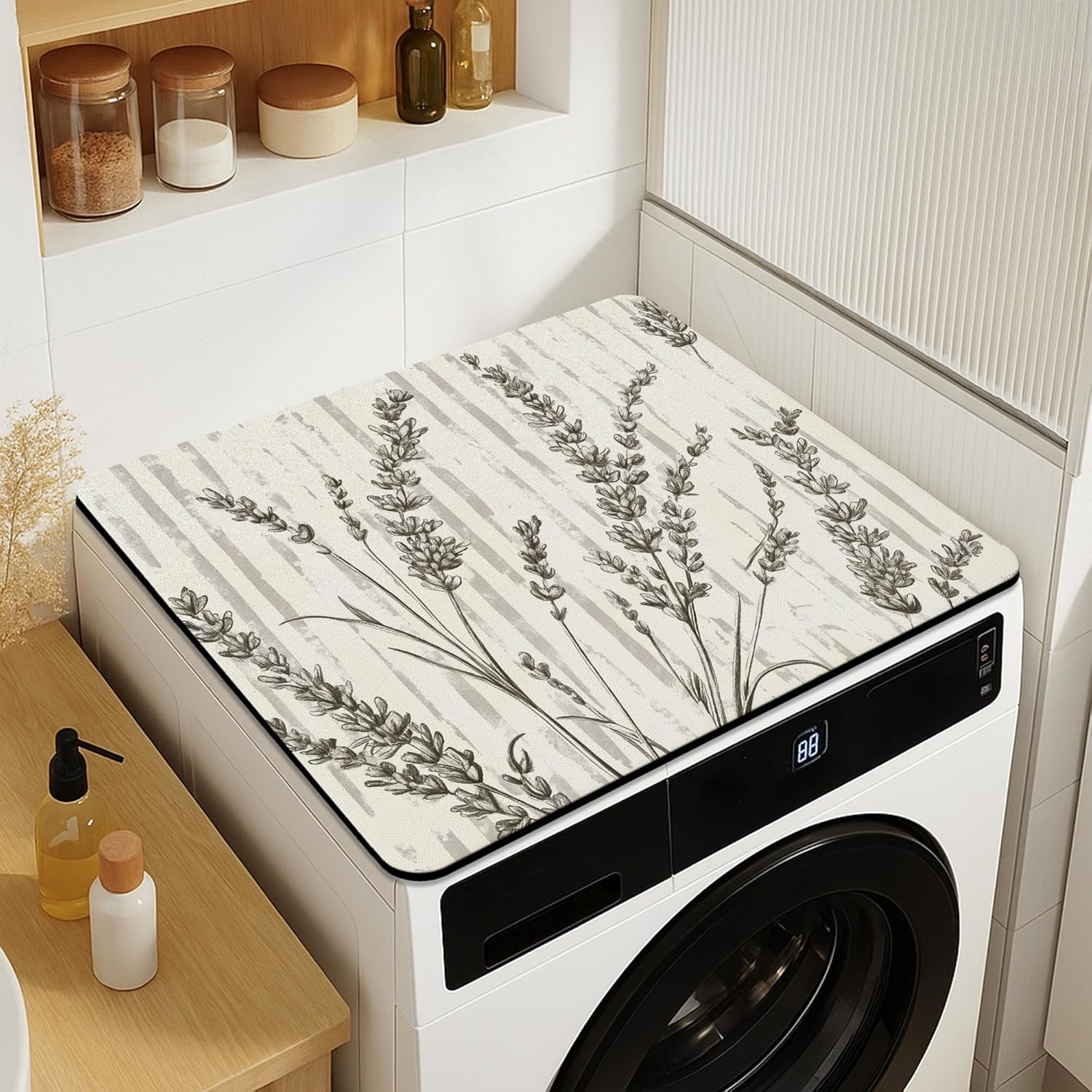Lavender Washer Dryer Top Protector Mat, Vintage Botanical Floral Laundry Machine Dust Covers, Elegant Anti-slip Waterproof Washer and Dryer Mats for Home 20x24 Inch