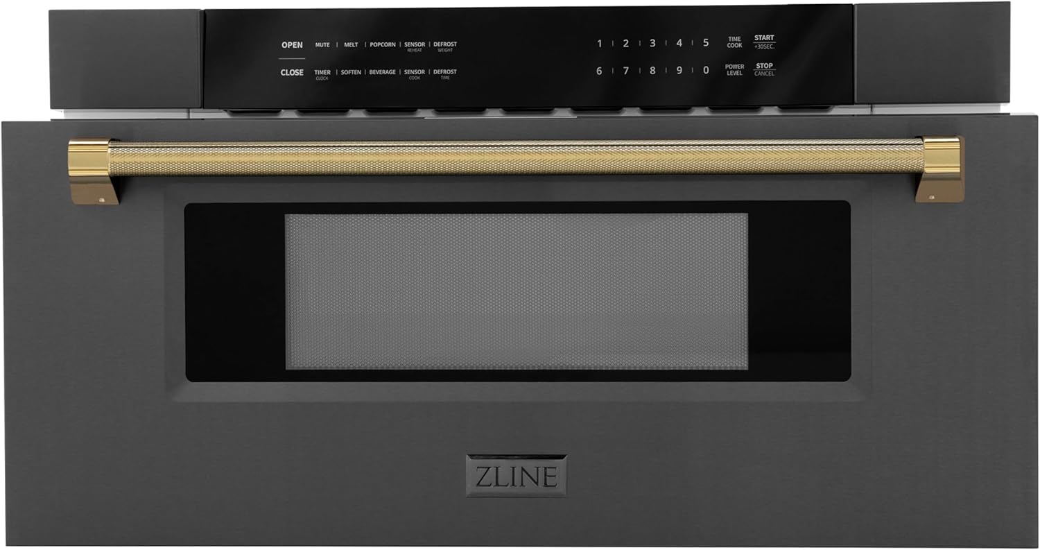 ZLINE Autograph Edition 30 in. 1.2 cu. ft. Built-in Microwave Drawer in Black Stainless Steel and Polished Gold Helix Handle (MWDZ-30-BS-KG)