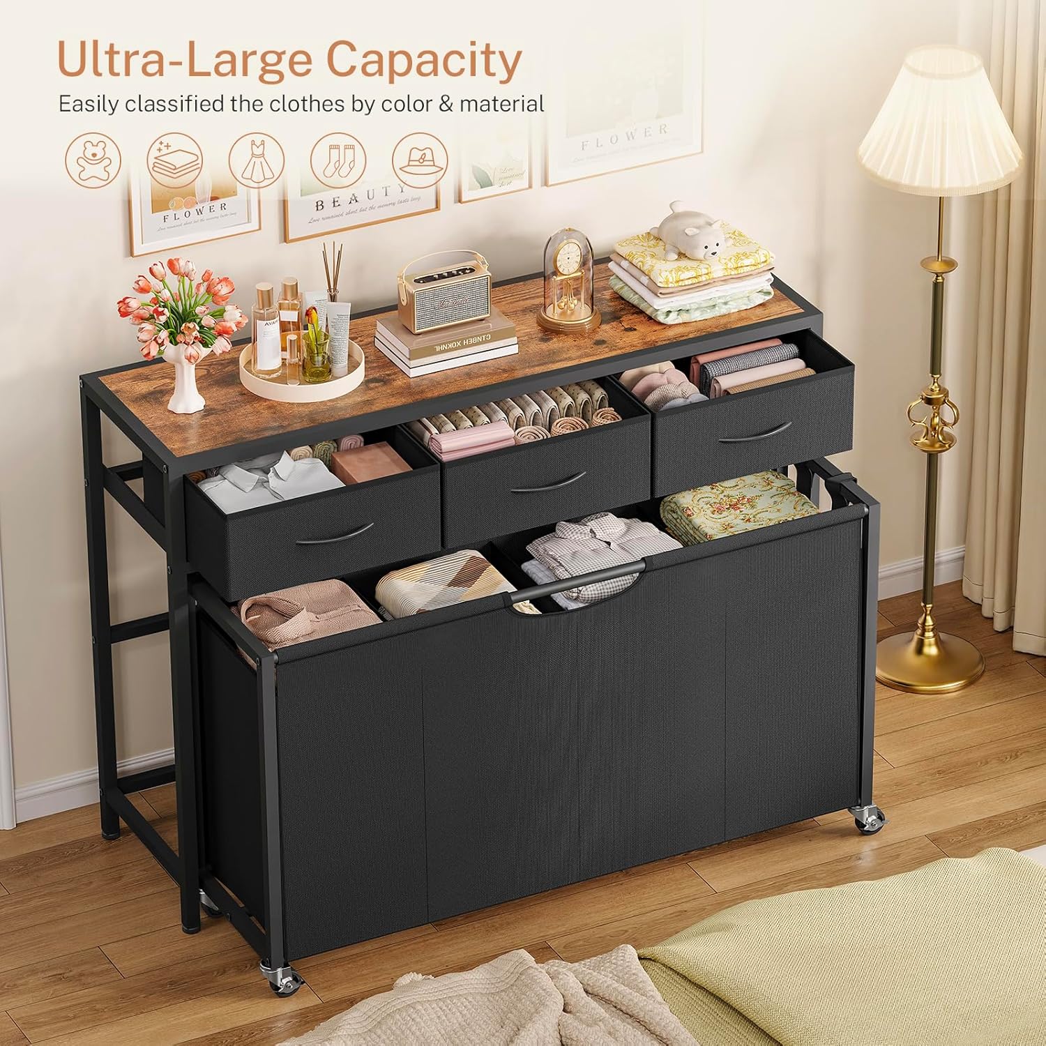 Laundry Sorter, Rolling Laundry Hamper with 4 Section Pull-Out Bags, 300L Large Laundry Basket Organizer with 3 Drawers, Laundry Hamper with Wheels for Laundry Room Organization, Bathroom, Bedroom