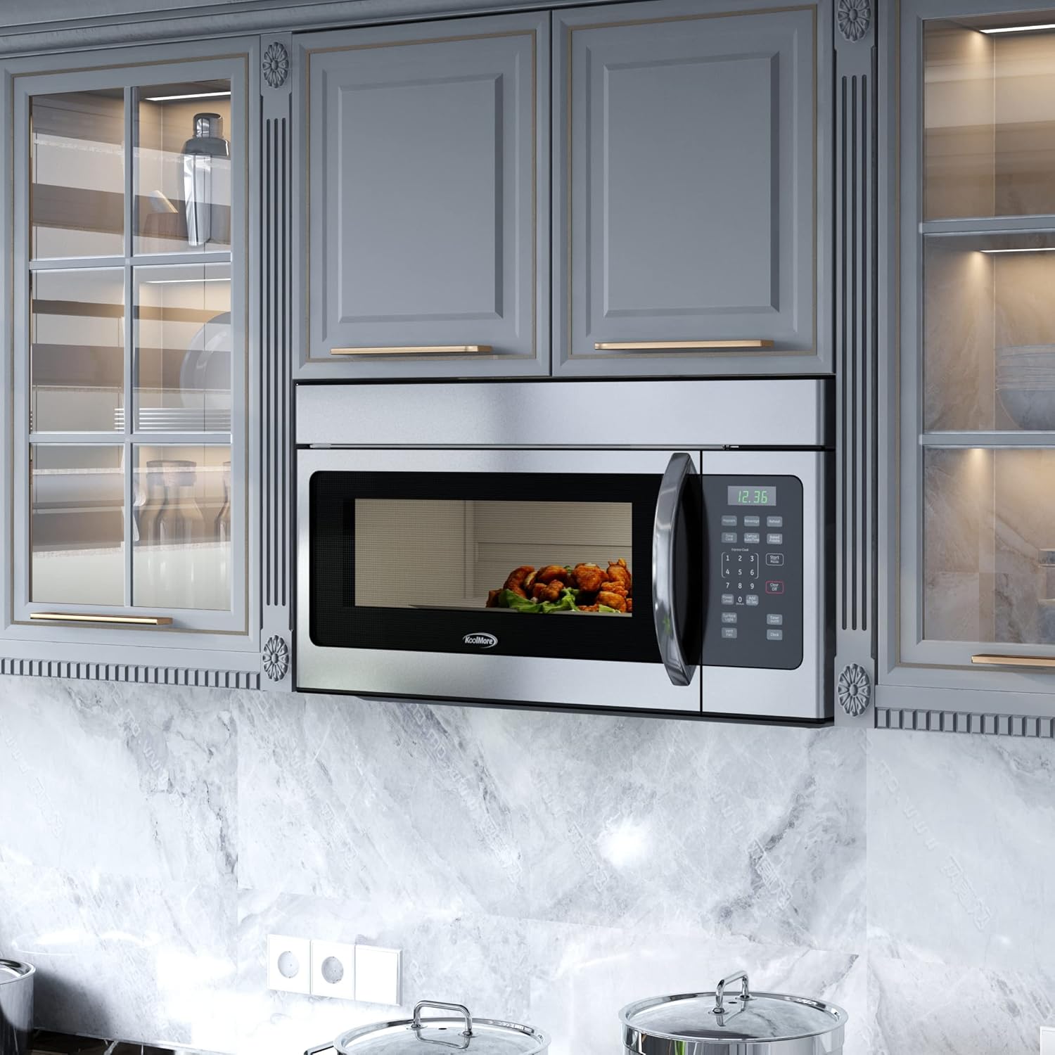 KoolMore 1.6 Cu. Ft. Over the Range Microwave Oven with Oven Lamp and 300CFM Recirculation Vent Hood Function, Auto Cook Menus, Reheat Function, 10 Power Levels, Timer, and Weight Defrost (KM-MOT-1SS)