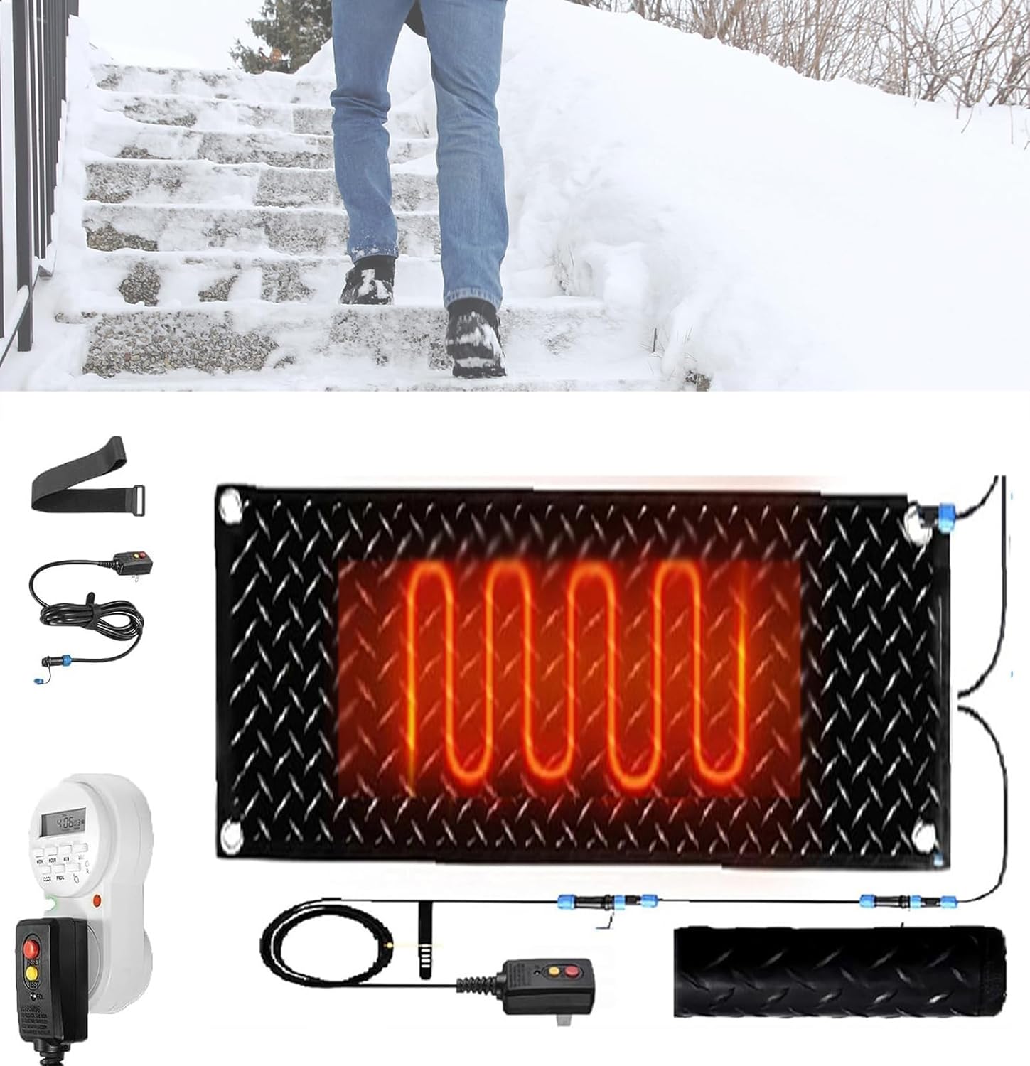 Snow Melting Walkway Mat with Timer, 1/2/3/4/5 Pcs Anti-Slip Rubber Heated Stair Mat,Snow and Ice Heated Pad for Winter Outdoor Stairs, Steps, Doorways, Walkways, Driveway(1 Pcs,12x36in/(30x90