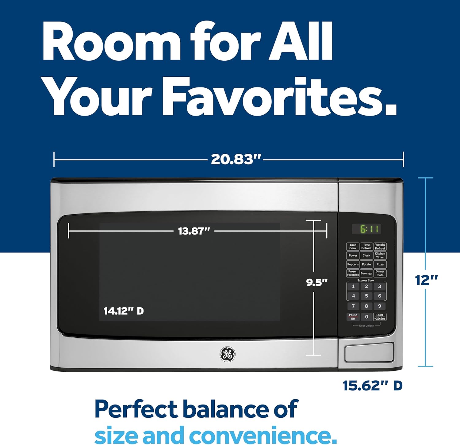 GE Compact Countertop Microwave Oven, 1.1 Cubic Ft., 950w Capacity, 6 Auto Cook Settings, Child-Lock Technology, Dorm Room, Apartment, Stainless Steel