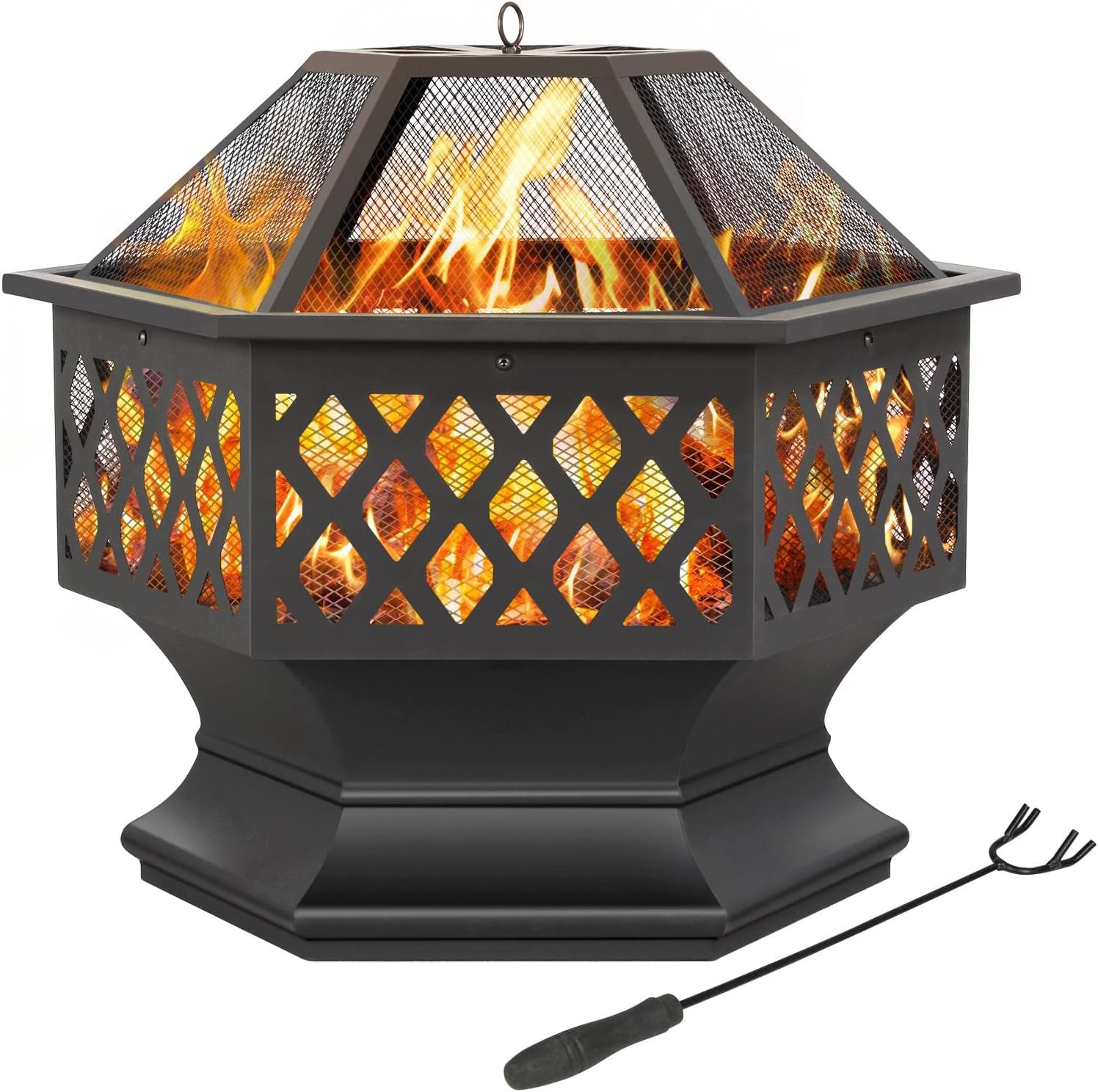 Topeakmart Portable Fire Pit Outdoor Firepit with Mesh Sides Cover Poker Steel Heater Fireplace Wood Burning Pit Hexagon Shaped Fireplace Metal Brazier 24in