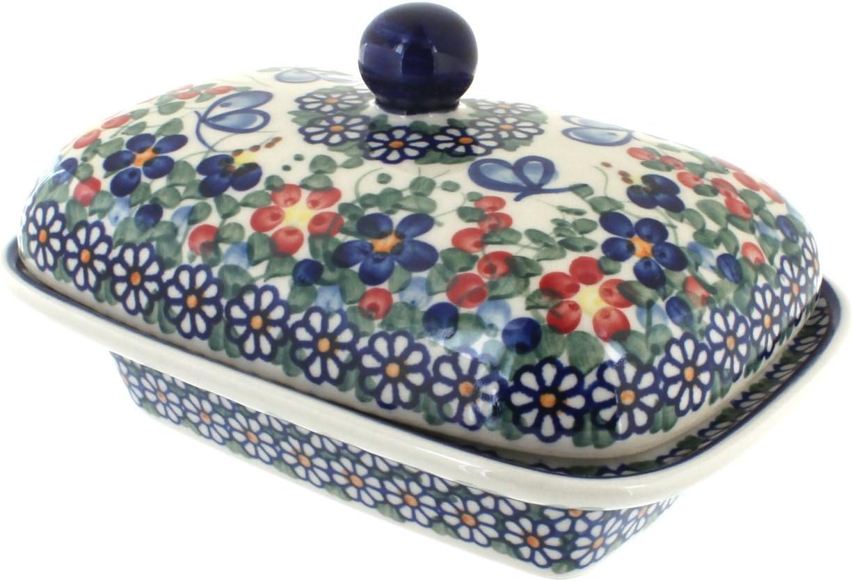 Blue Rose Polish Pottery - Red Garden Butterfly Butter Tub - Fits 1 Stick - Butter Dish for Countertop Organization and Storage