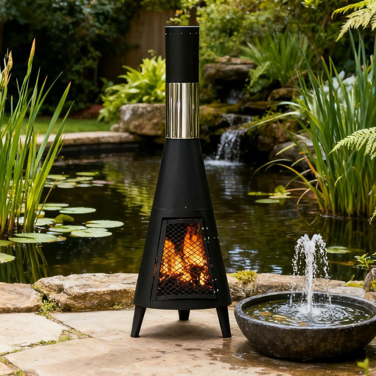 Chiminea Outdoor Fireplace, Portable Fireplace Chimenea with Mat and Poker. Wood Burning Fire Pit for Patio Garden Camping Heating and Ambiance