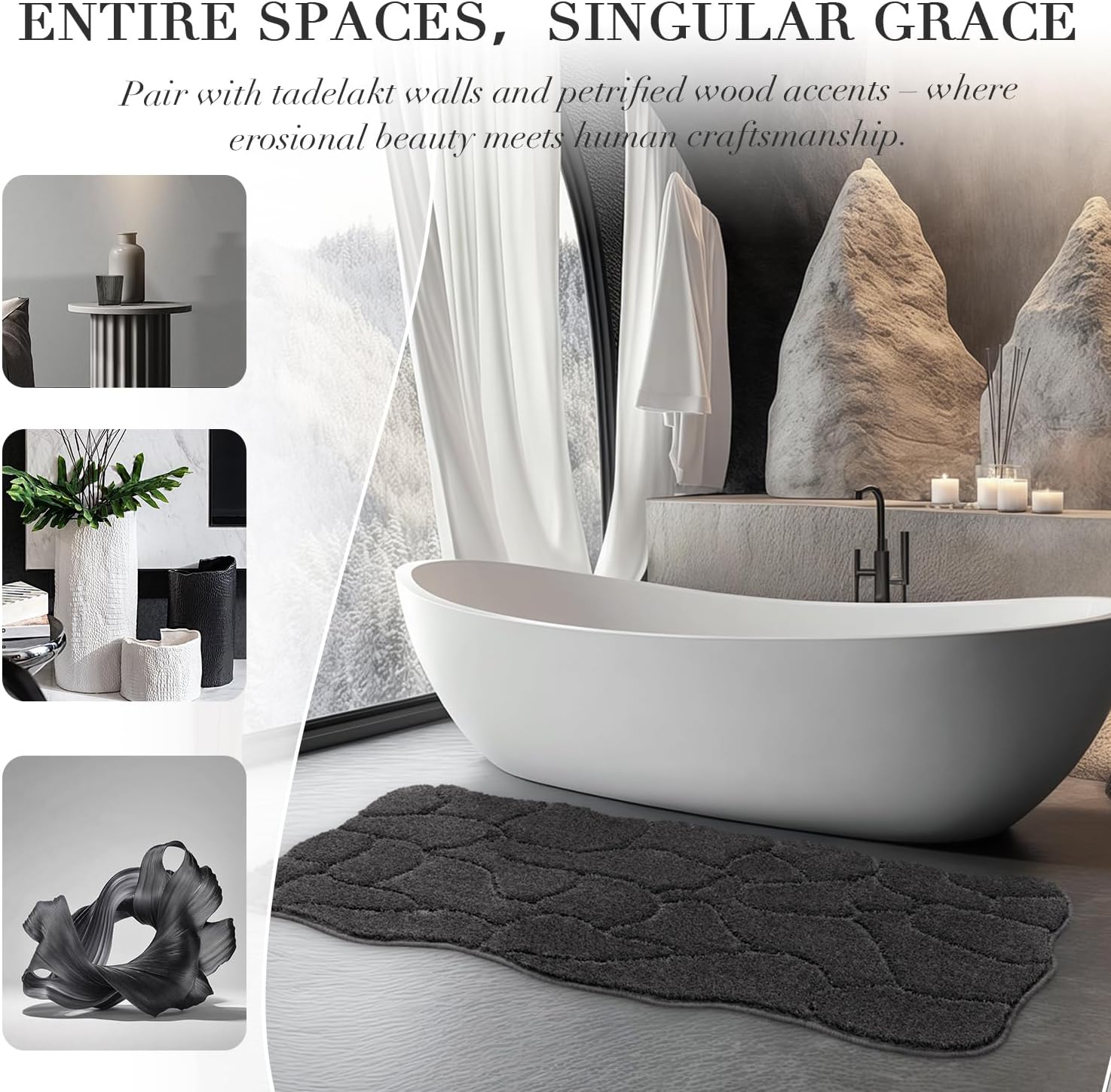 Large Bathroom Rugs Runner, 24x59 Extra Soft Absorbent Shaggy Long Bath Mats, Non-Slip Machine Washable Modern Bath Carpet Runner for Bathroom Laundry Room Kitchen (Charcoal)