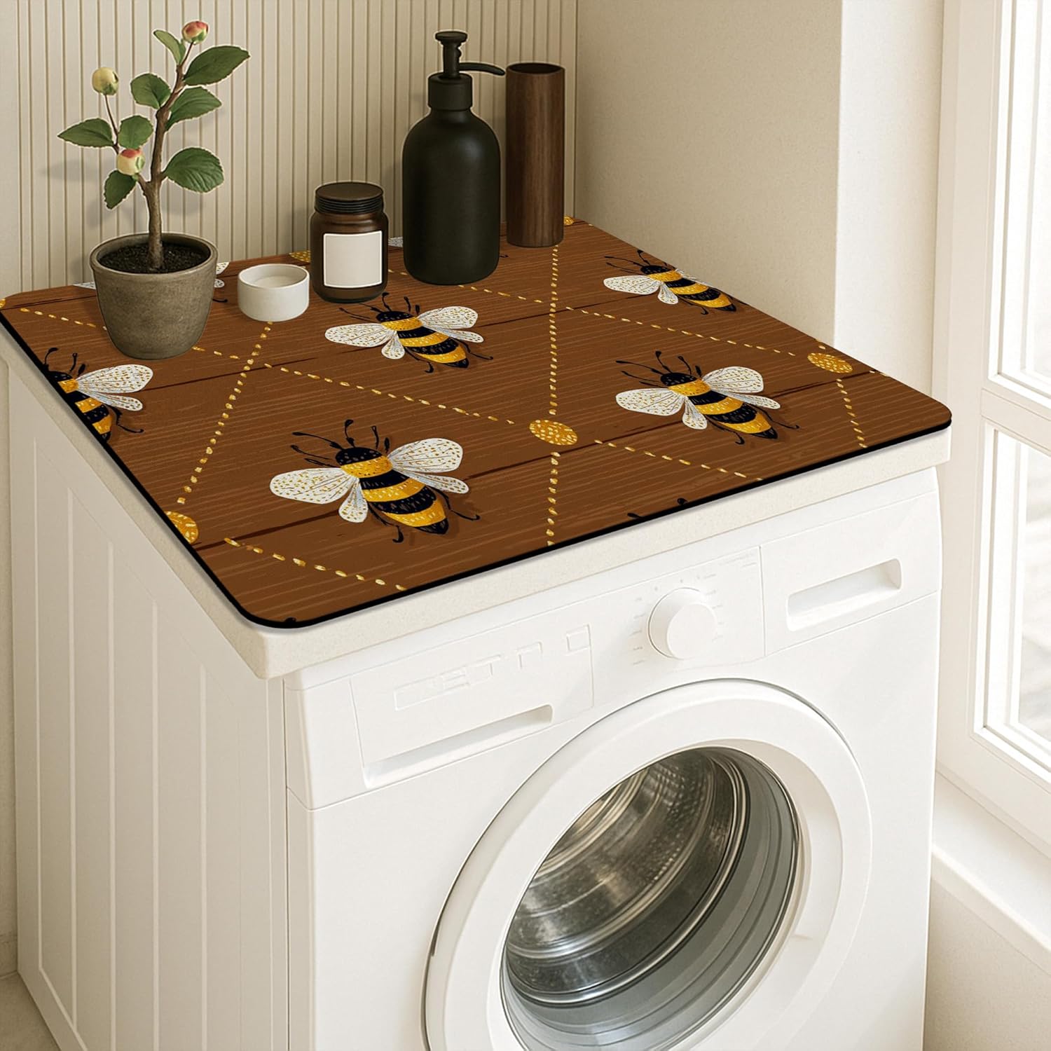 Bee Pattern Washer Dryer Top Protector Mat, Rustic Farmhouse Honeybee Laundry Machine Dust Covers, Summer Decor Rubber Anti-slip Waterproof Washer And Dryer Mats for Laundry Room 24x24 Inch