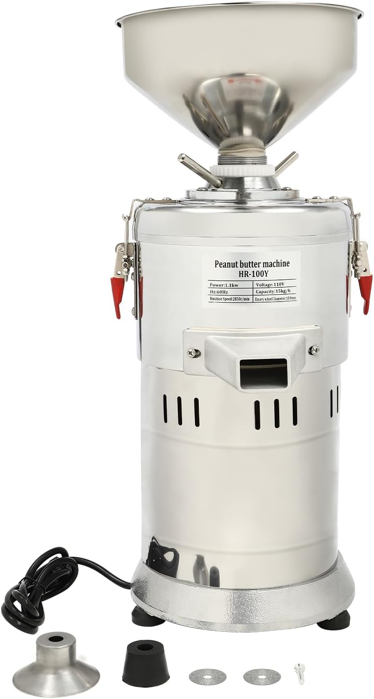 Peanut Butter Maker Machine, 1100W 110V 33lb/h Electric Specialty Food Grinder Stainless Steel Sesame Nut Groundnut Almond Sauce Grinder Kitchen Dining Small Appliances for Home/Commercial Silver