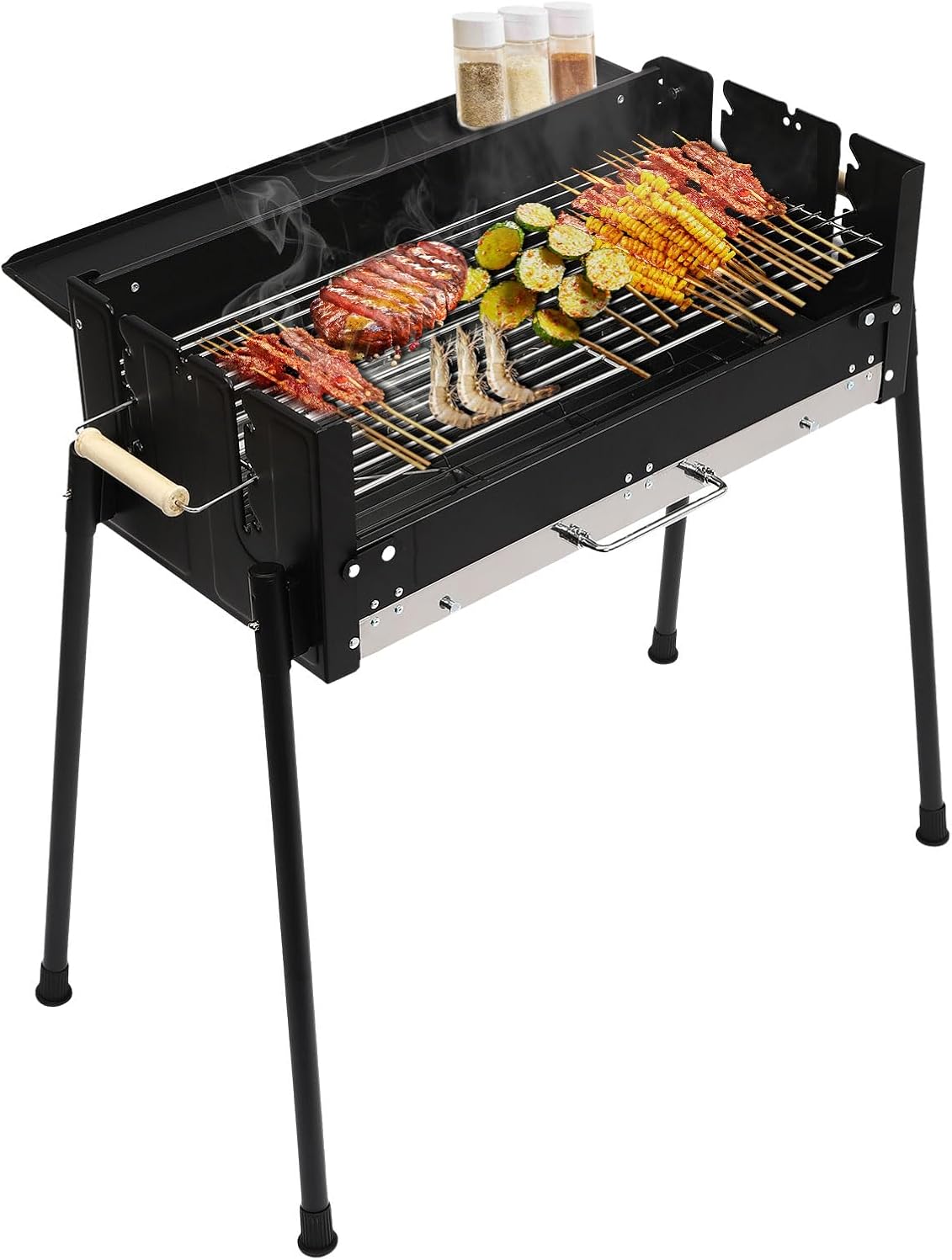 Barbecue Charcoal Grill, Stainless Steel Folding Portable BBQ Grill, Adjustable Outdoor Cooking Barbecue Grill Tool Kits with Seasoning Board for Patio Backyard Garden Camping Hiking
