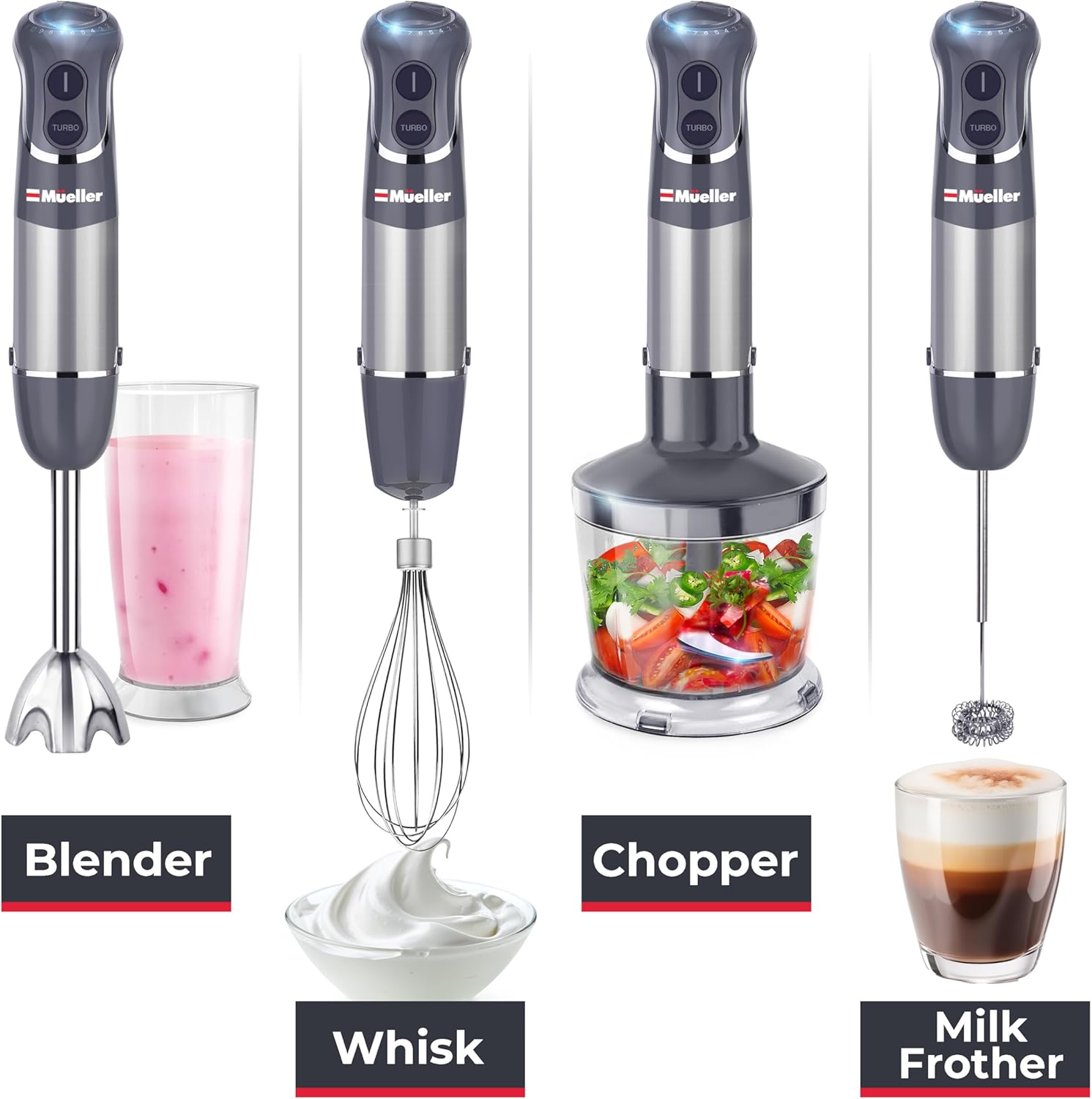 Mueller Multistick 5-in-1 Immersion Blender Handheld,12 Speed Hand Mixer-Turbo Boost,Heaviest Duty Copper Motor,Titanium reinforced Blades Hand Blender,Milk Frother Wand,Whisk,Beaker,Chopper,Grey