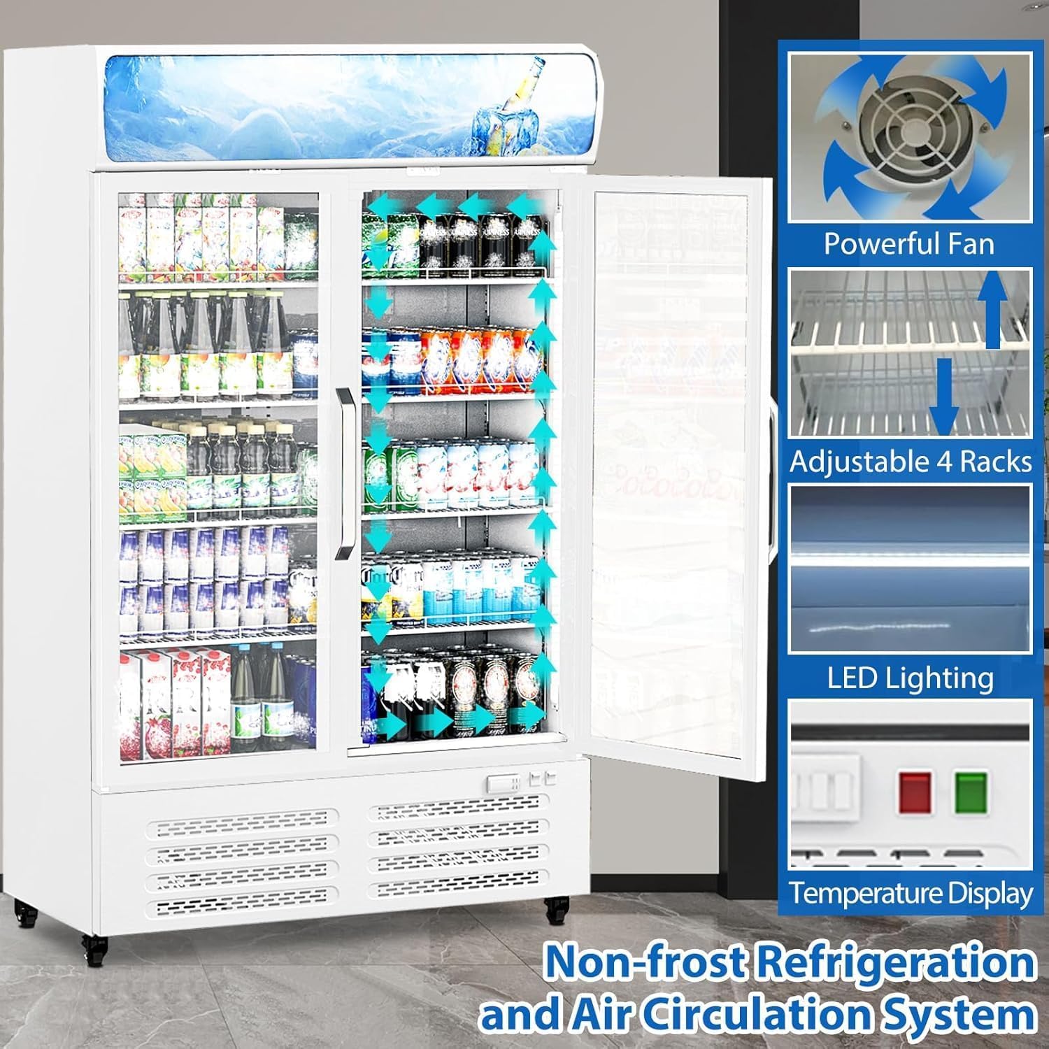 25 Cu.Ft. Commercial Beverage Display Refrigerator, Merchandiser Refrigerator Double Glass Door Display Fridge With 8 Adjustable Shelves, Upright Beverage Cooler with LED Lighting, White