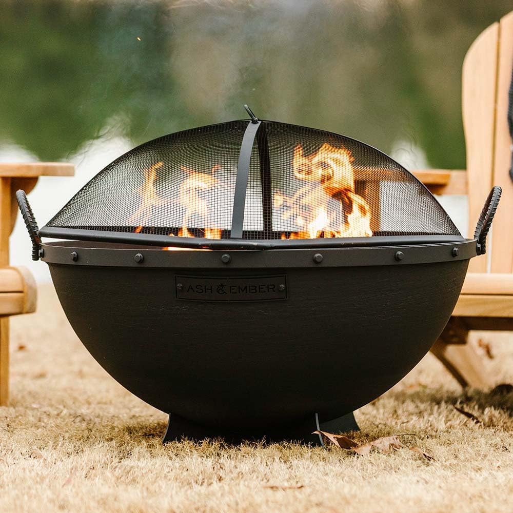 Ash & Ember 32in Hemisphere Fire Pit with Screen and Poker, Cast Iron High-Temperature Black Paint Fire Bowl, Wood Burning Backyard Fireplace, Portable Outdoor Firepit