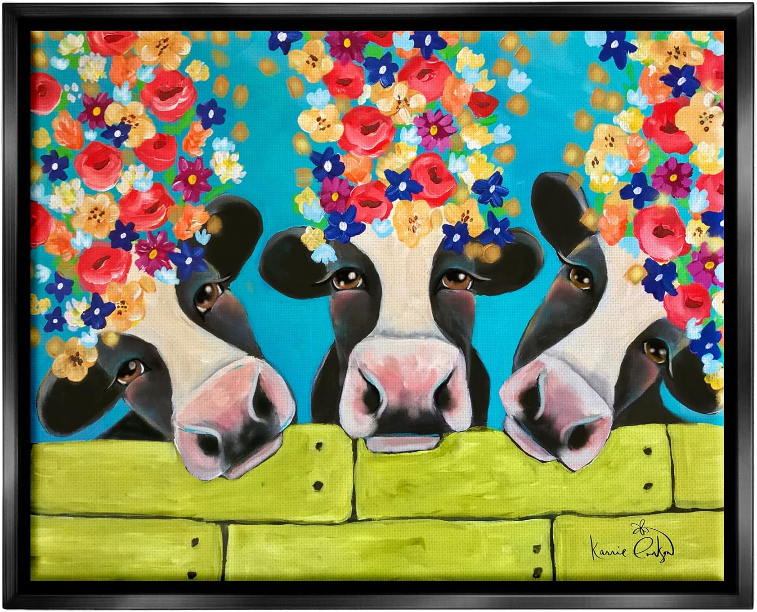 Stupell Industries Farm Cattle Cows Bright Flower Petals Green Planks, Design by Karrie Evenson