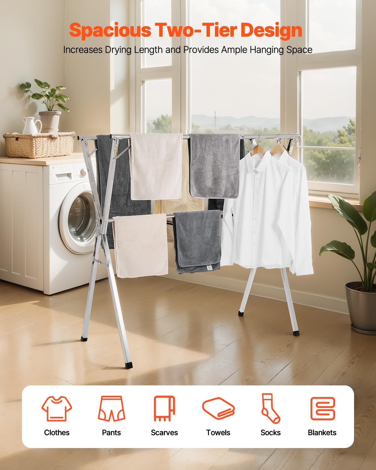 VEVOR Clothes Drying Rack, 2-Tier Telescopic Laundry Dryer Rack, Stainless Steel Drying Racks with 30 Windproof Holes and 2 Shoe Hooks, Free-Standing and Portable Hanger for Outdoor & Indoor Use