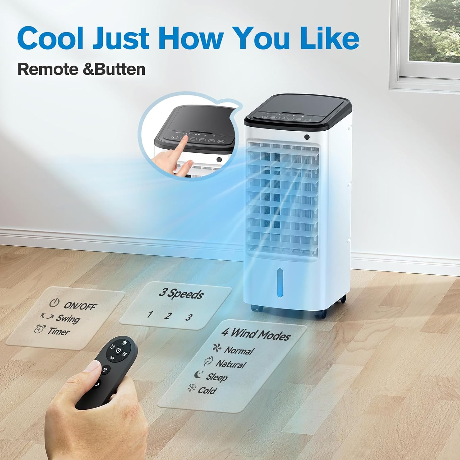 Windowless Portable Air Conditioners with Remote, Ventless Ac Unit Ductless Air Cooler, Hoseless Quiet Evaporative Oscillating Swamp Cooler, 6 Ice Box for Bedroom Indoor Outdoor Office Room