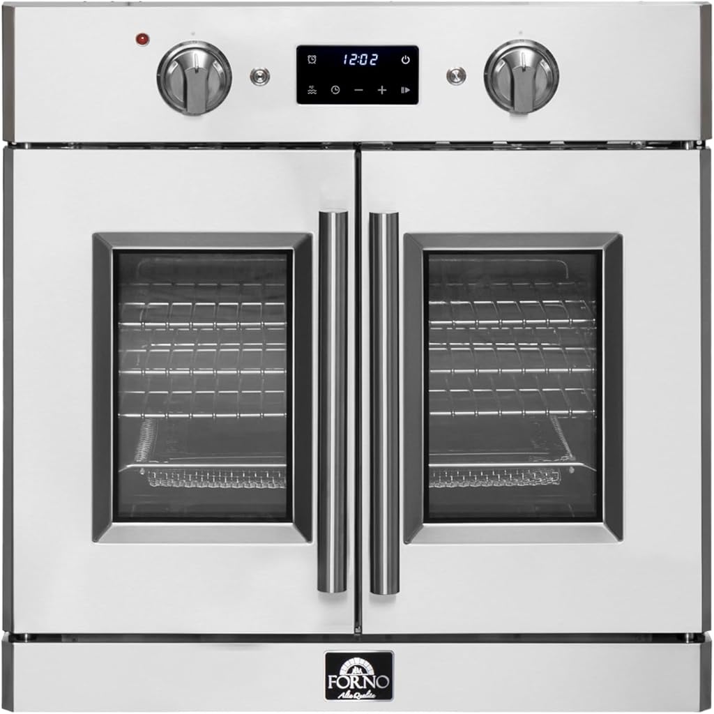 FORNO Asti 30-Inch Electric French Door Stainless Steel Wall Oven - 2470V 3500W 3.68 Cu. Ft. Electric with LED Display Screen and Safety Lock - Wall Oven with Telescopic Racks with Air Fry & Drip Tray