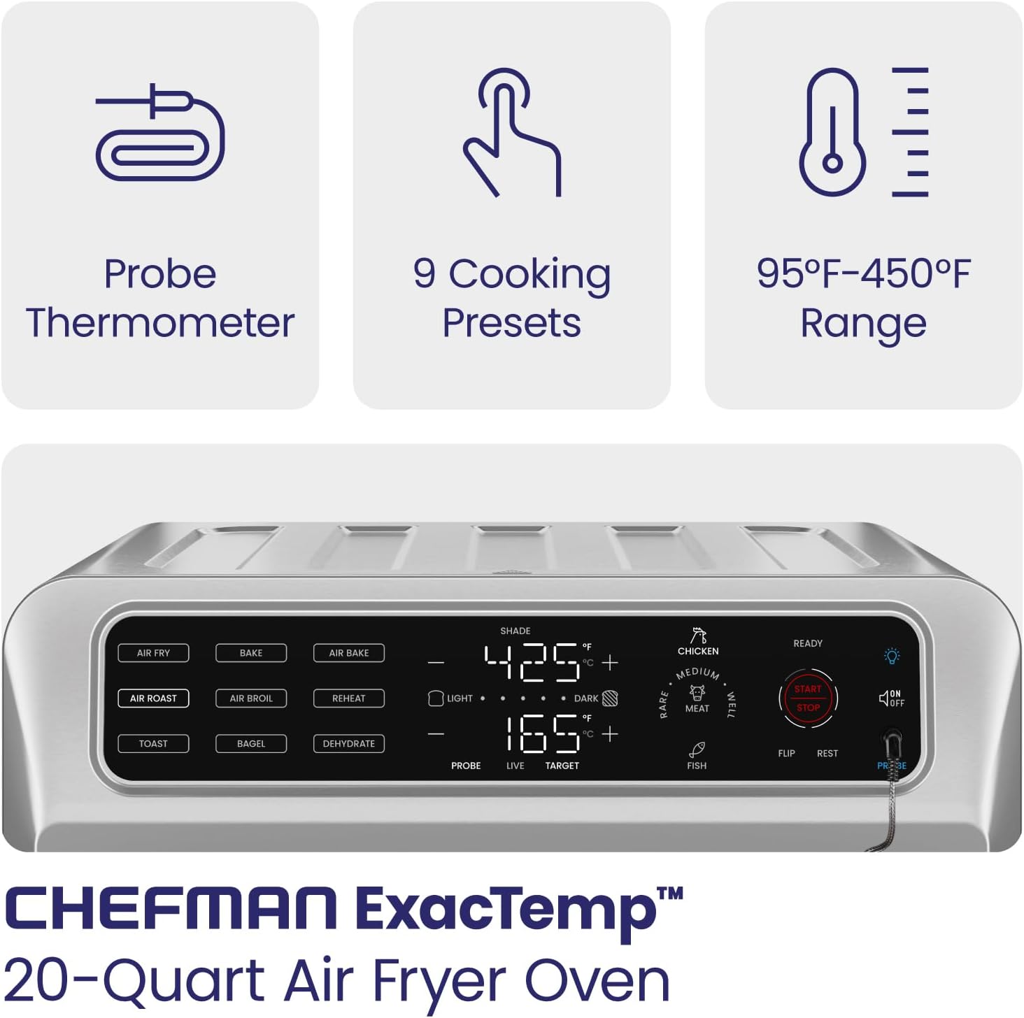 Chefman Air Fryer Toaster Oven Combo with Probe Thermometer, 12-In-1 Stainless Steel Convection Countertop, 10 Inch Pizza, 4 Slices of Toast, Cooking, Baking, Toasting, Roaster Oven Airfryer 20QT