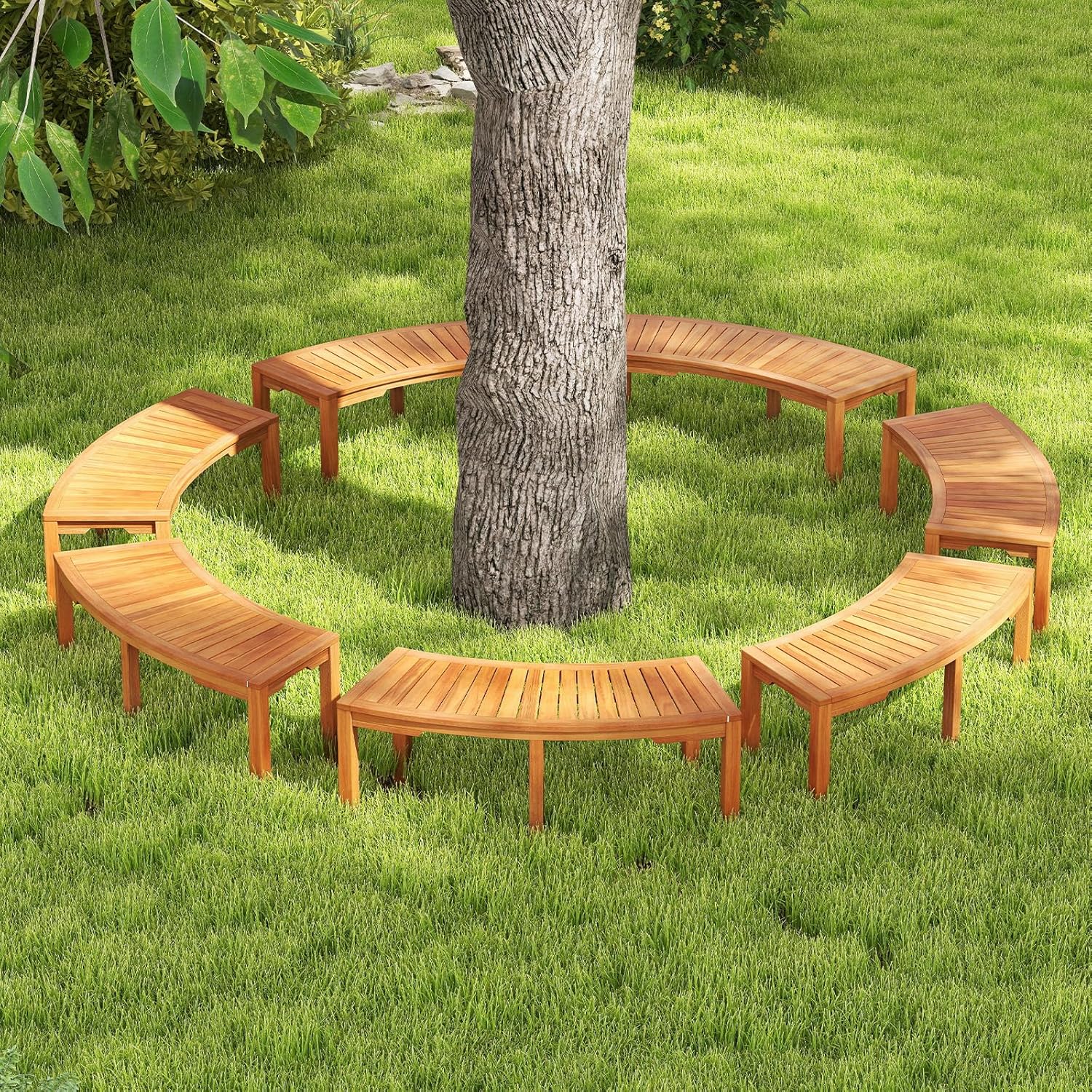 Moccha Outdoor Curved Bench, Acacia Wood Fire Pit Bench w/Slatted Seat, Loveseat, Outside Chair, Patio Backless 2-Person Seating for Balcony Yard Deck Porch 800 LBS Max Load (7, Natural)