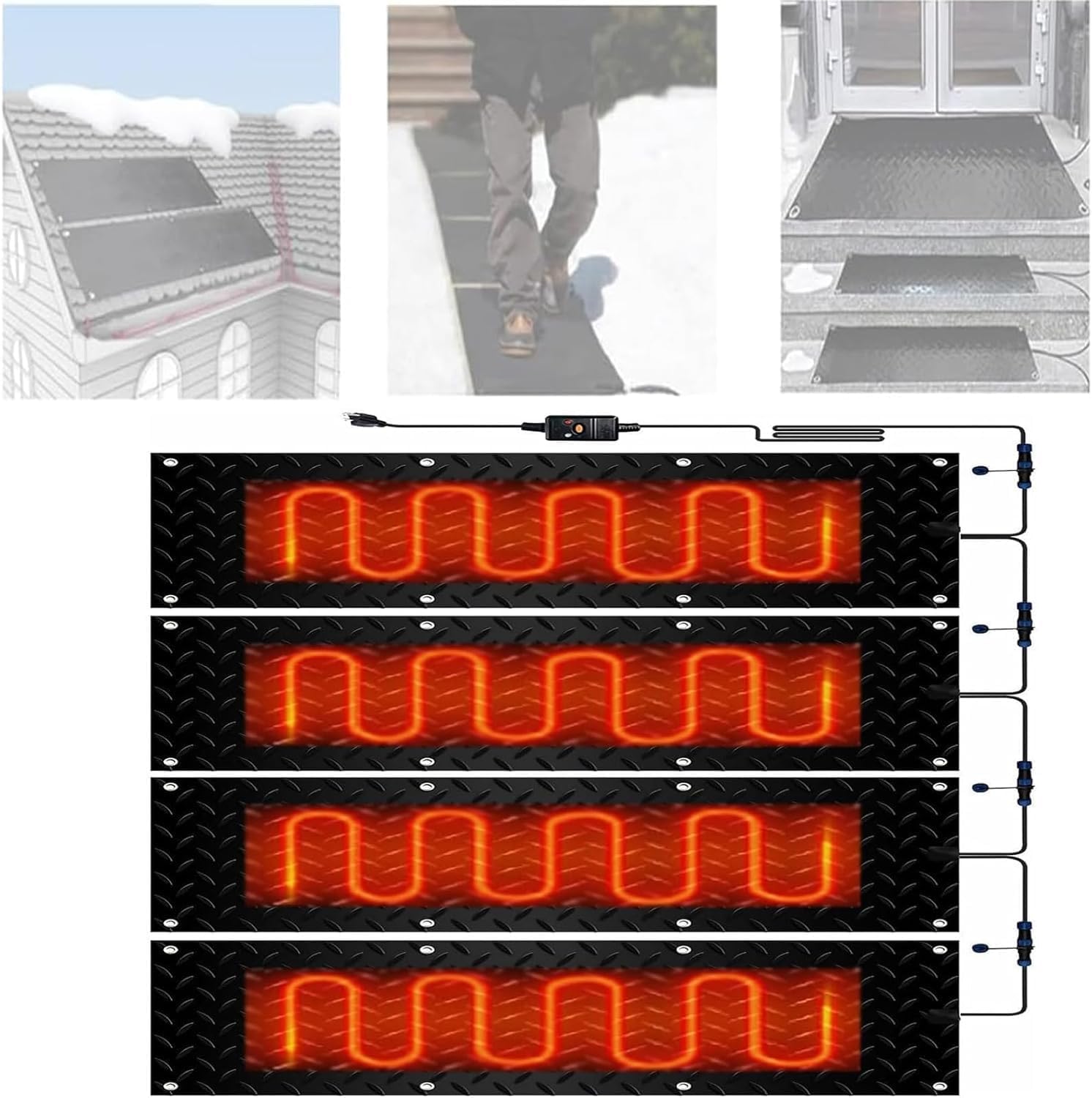 Outdoor stair snow melting mats, 1/2/3/4/5 pieces non-slip rubber heated stair mats, snow and ice heating mats for outdoor stairs, doorways, walkways, driveways in winter(4 Pcs,30x120cm/12x48in)